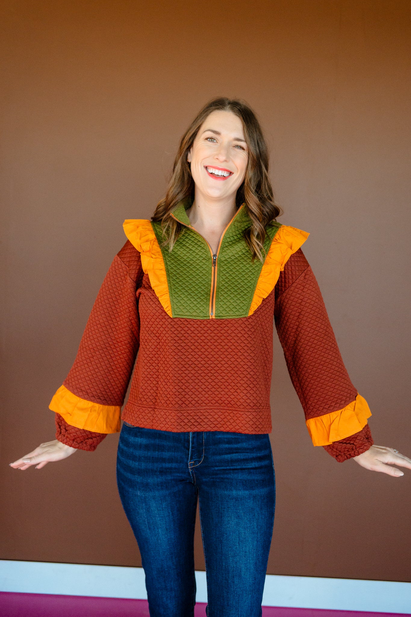 Lois Colorblock Quarter Zip - Olive + Mustard + Chocolate