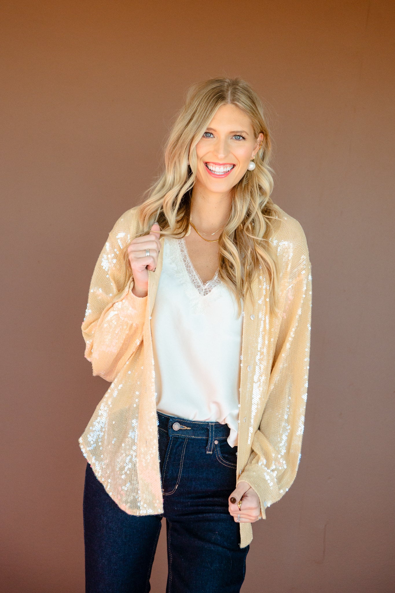 Shelly Sequin Button Top - Honey