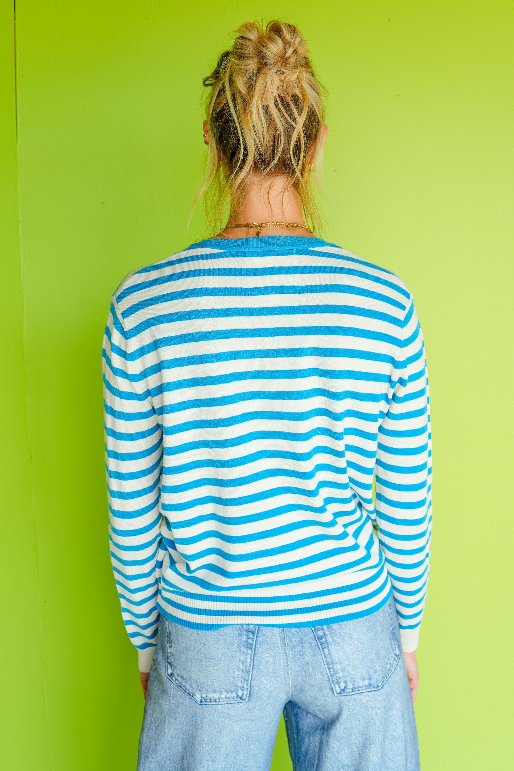Crisp Air Striped Cardigan - Cream + Bright Blue
