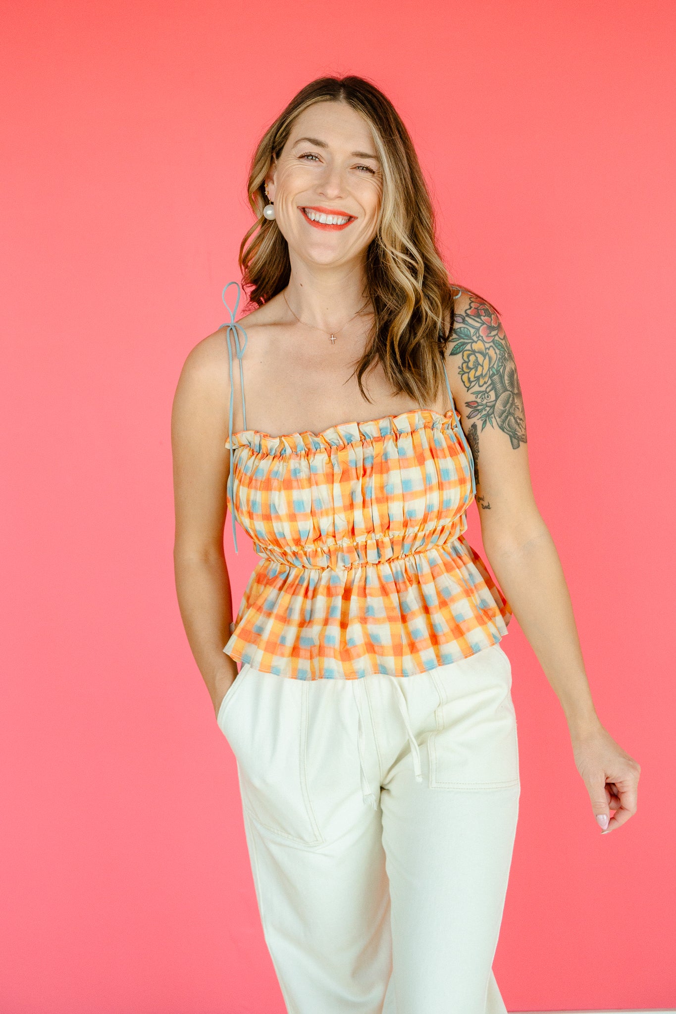 Payton Pleated Top - Orange + Yellow