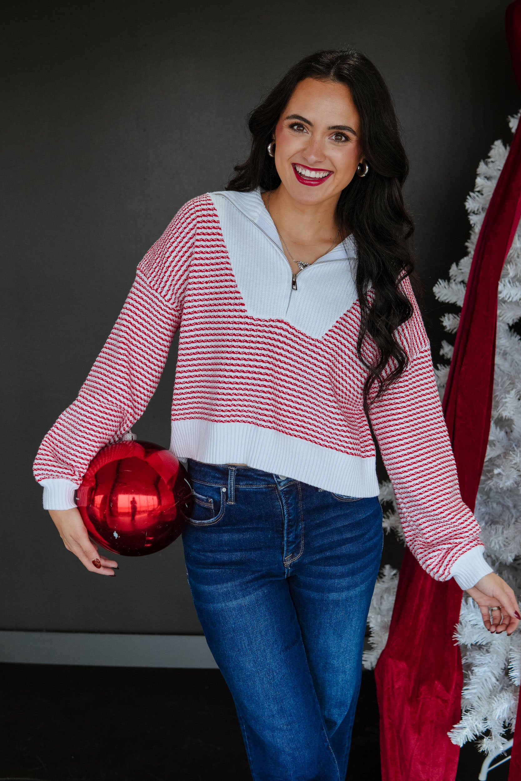 Vixen Striped Quarter Zip - Cool White + True Red