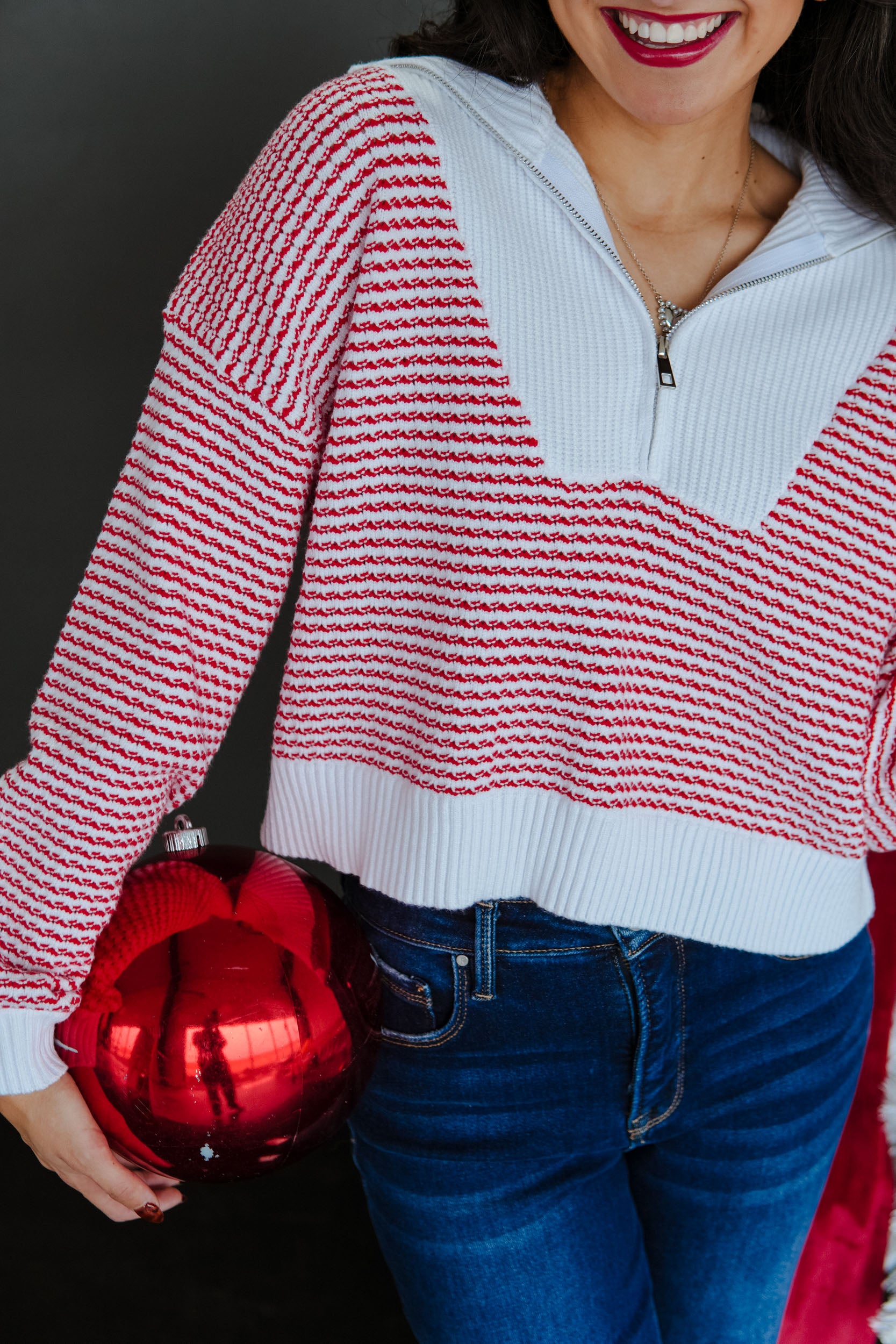 Vixen Striped Quarter Zip - Cool White + True Red