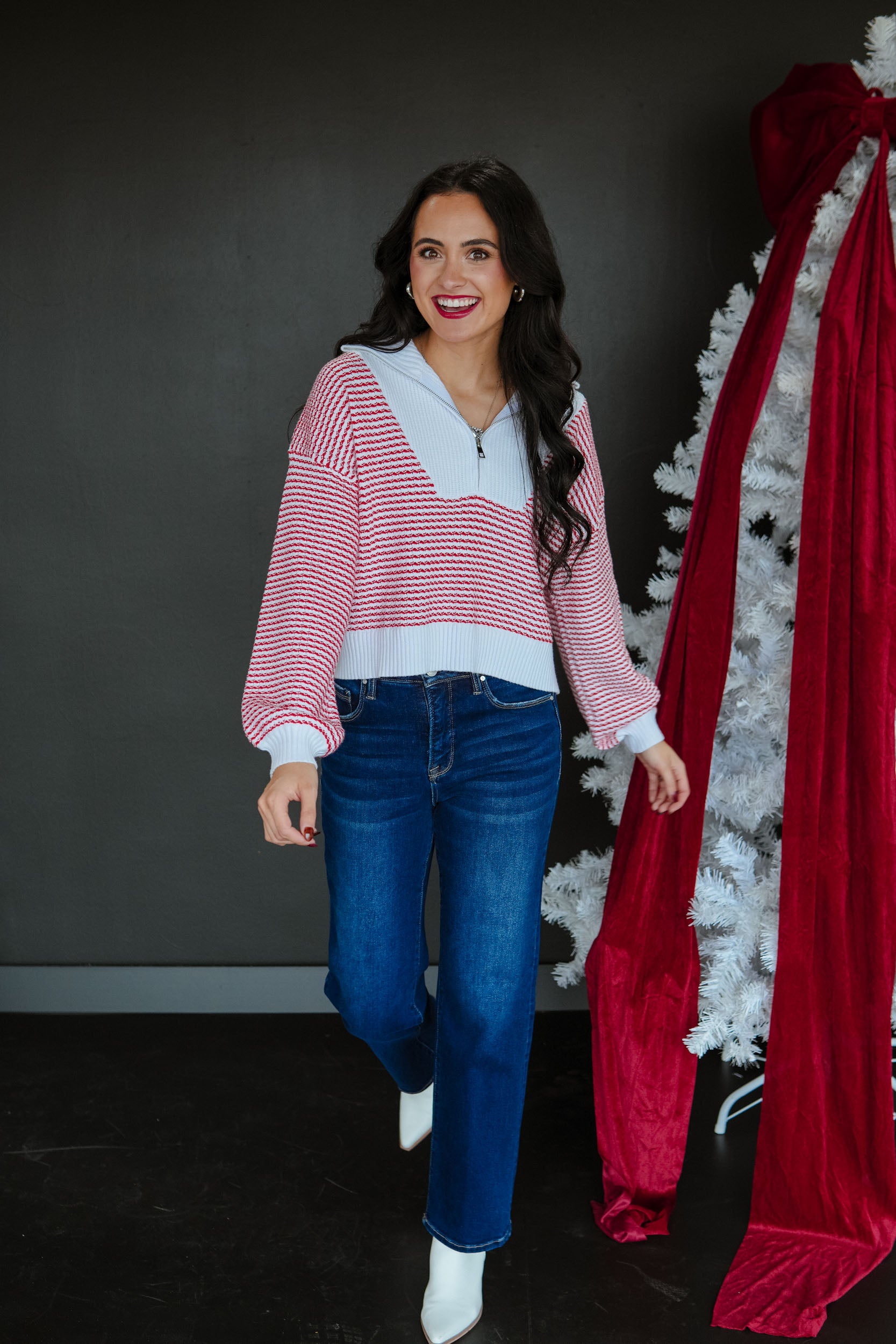 Vixen Striped Quarter Zip - Cool White + True Red