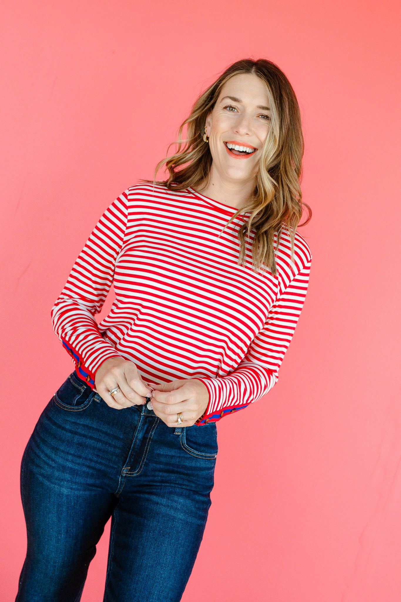 Rylie Striped Long Sleeve Top - True Red + White + Bright Navy