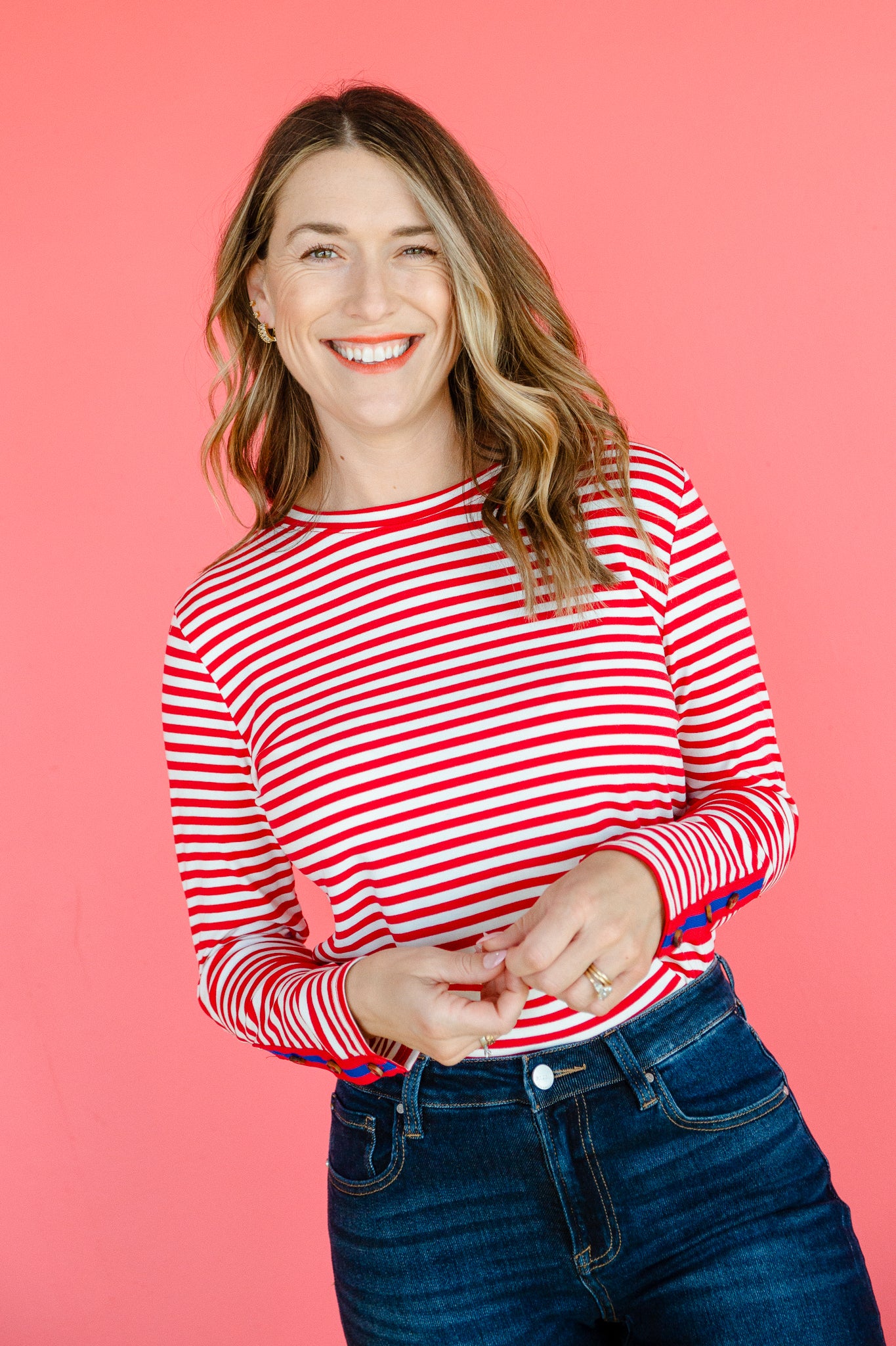 Rylie Striped Long Sleeve Top - True Red + White + Bright Navy