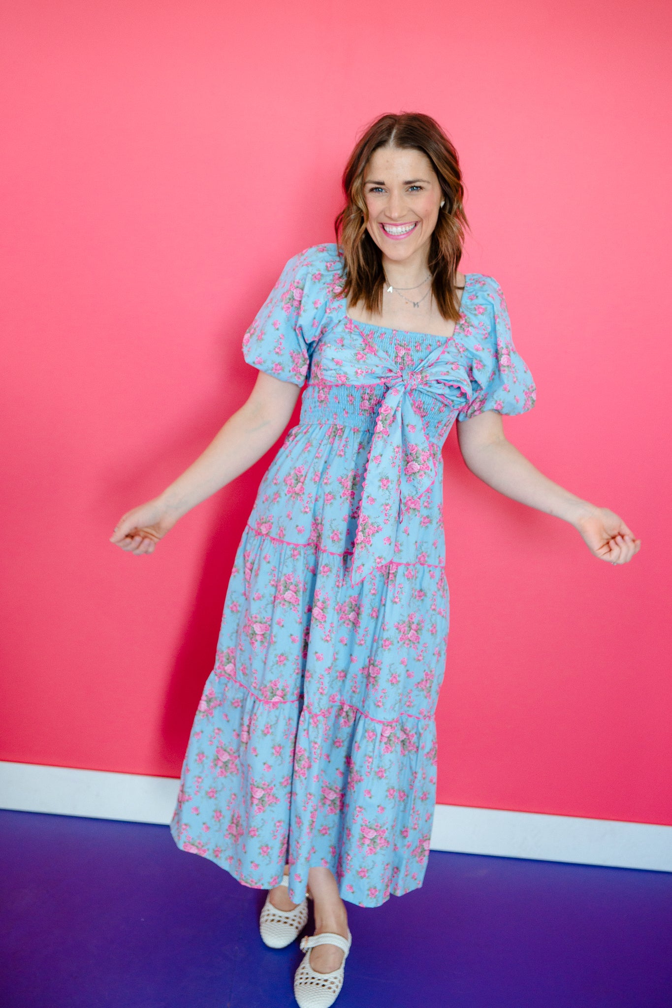 Alyssa Puff Sleeve Maxi Dress - Sky Blue + Raspberry + Rose