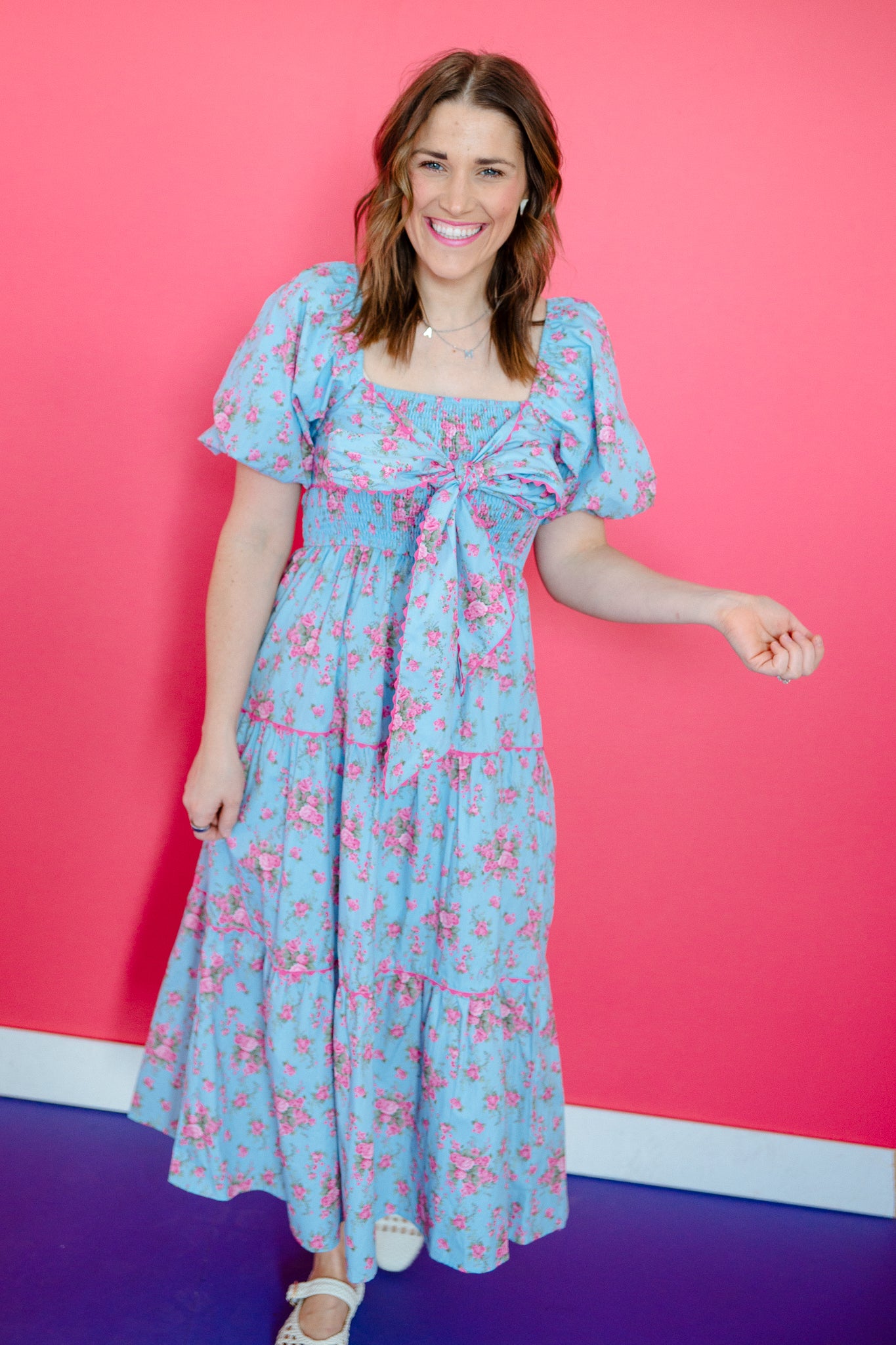 Alyssa Puff Sleeve Maxi Dress - Sky Blue + Raspberry + Rose