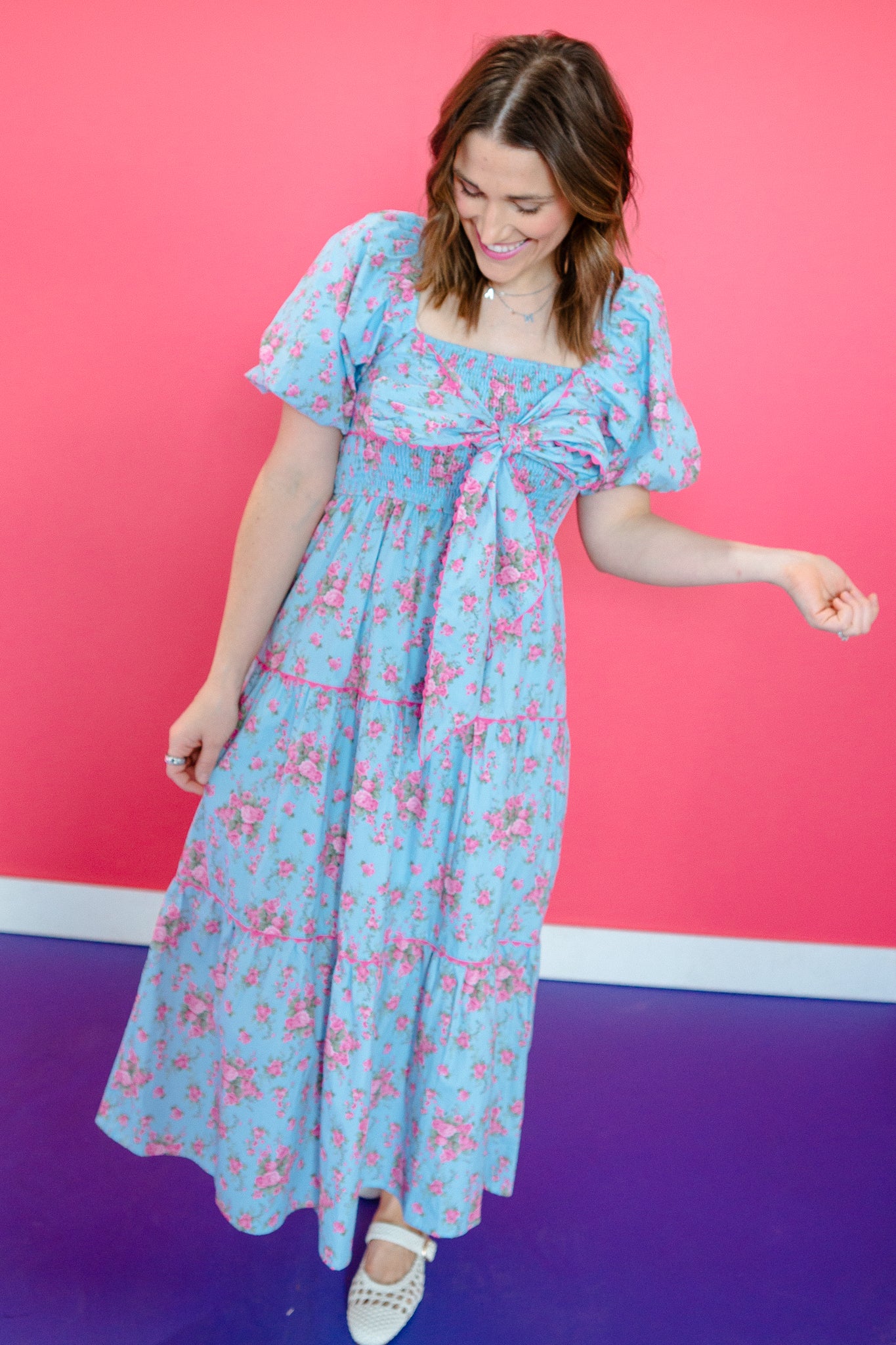 Alyssa Puff Sleeve Maxi Dress - Sky Blue + Raspberry + Rose