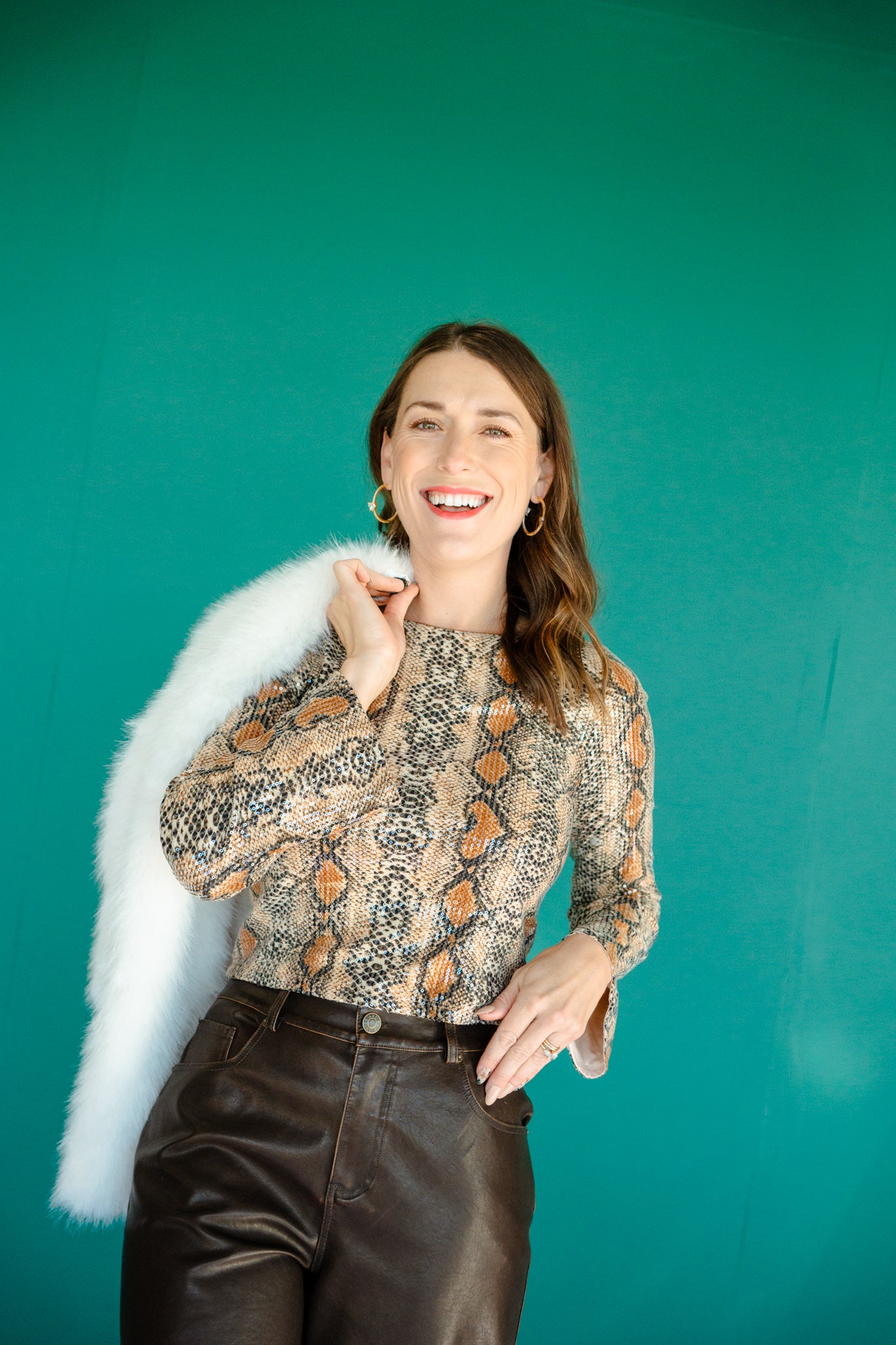 Christy Sequin Snake Print Top - Coffee + Brown + Beige