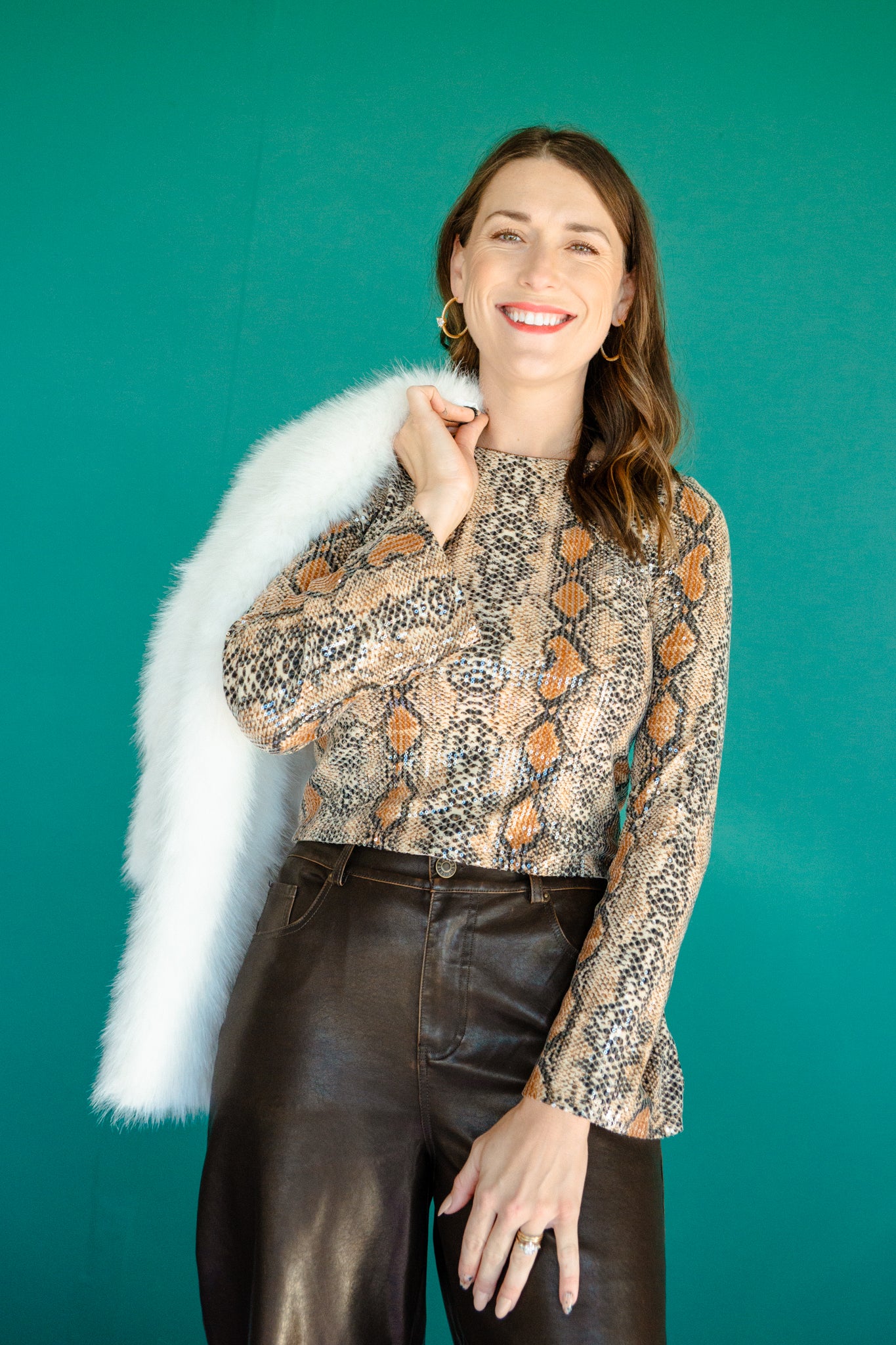 Christy Sequin Snake Print Top - Coffee + Brown + Beige