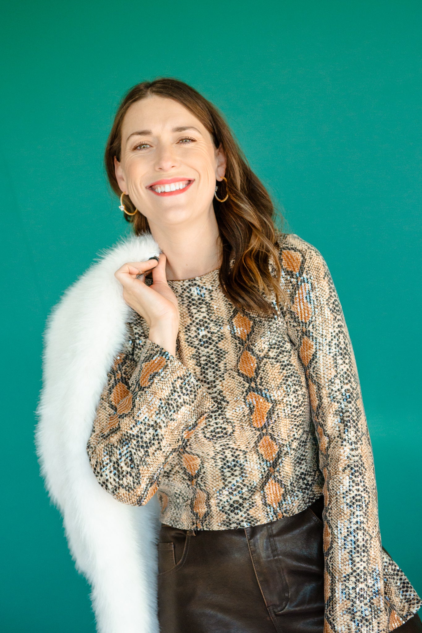 Christy Sequin Snake Print Top - Coffee + Brown + Beige