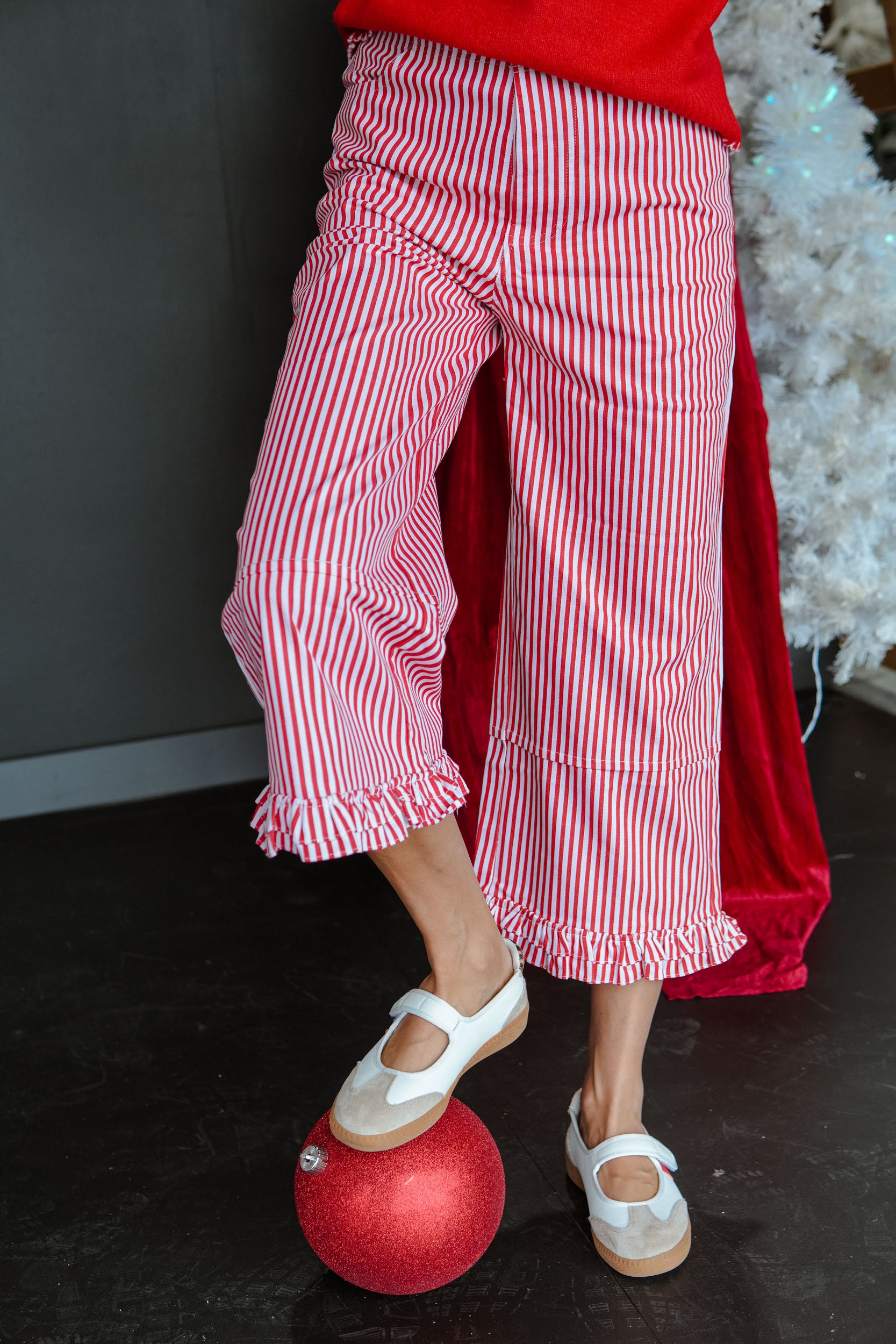 Blitzen Striped Ruffle Pants - Cool Red
