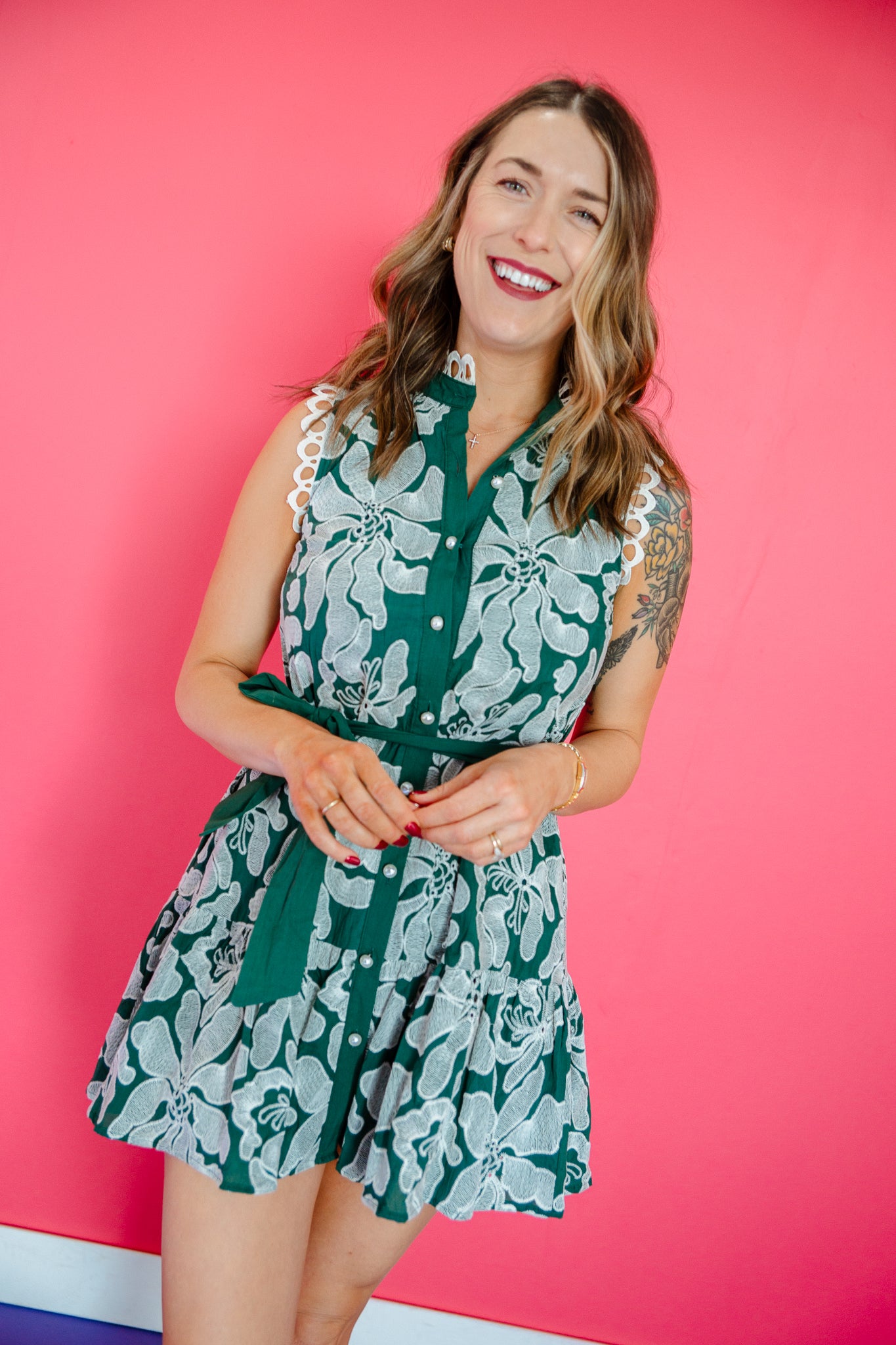 Cordelia Embroidered Mini Dress - Forest Green + Oyster