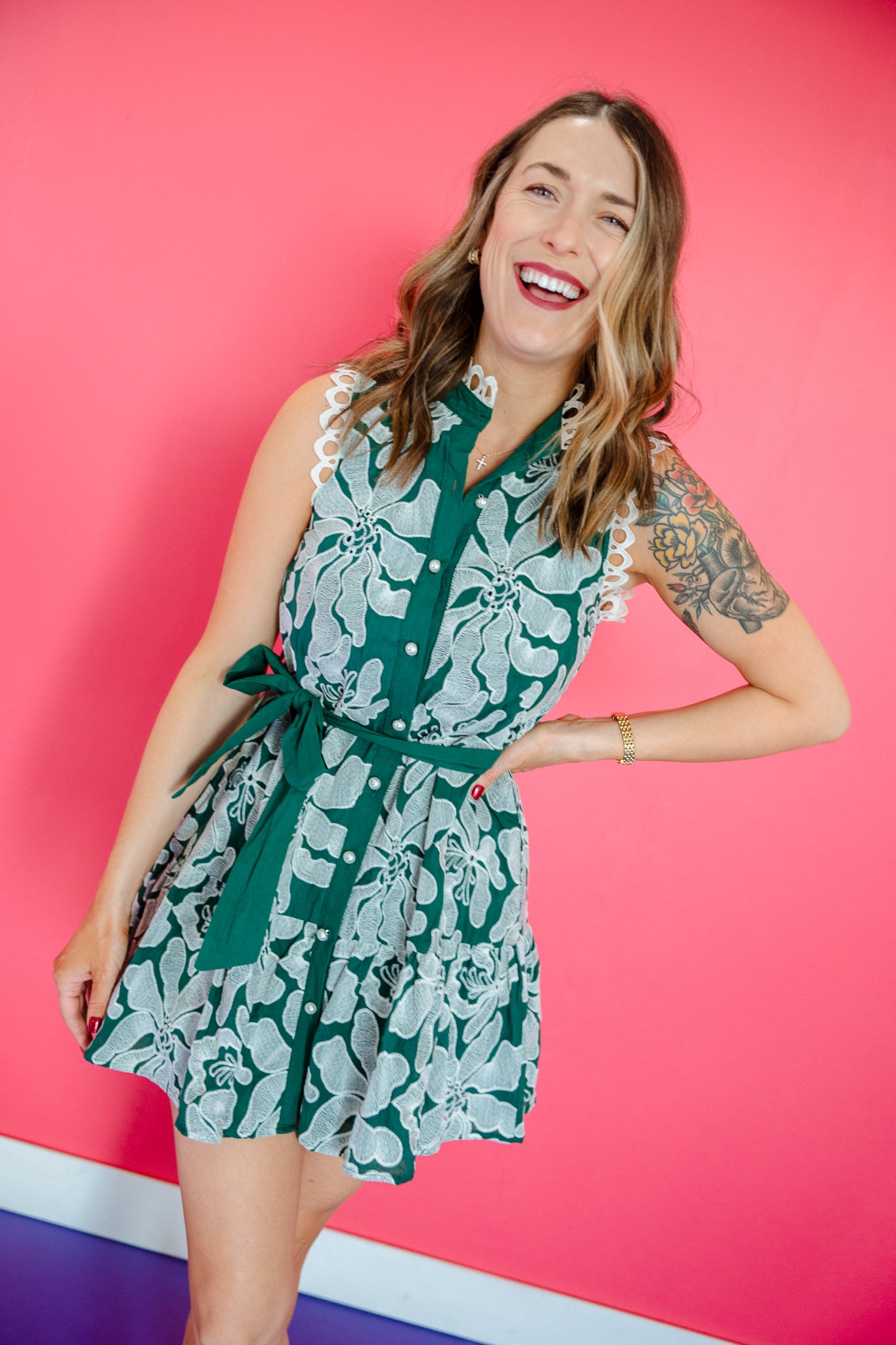 Cordelia Embroidered Mini Dress - Forest Green + Oyster