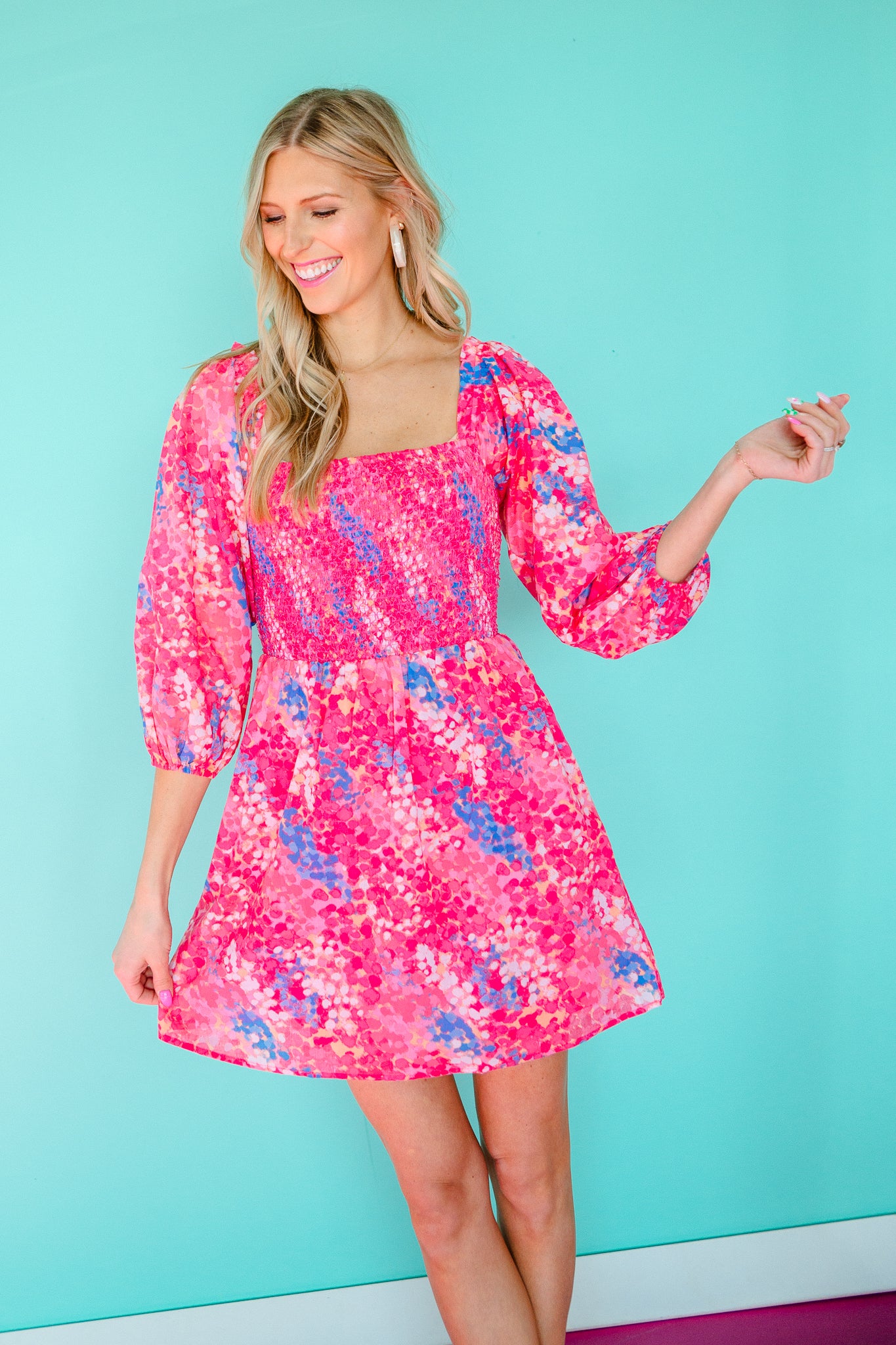 Leah Smocked Mini Dress - Shocking Pink + Bright Blue + Fuchsia