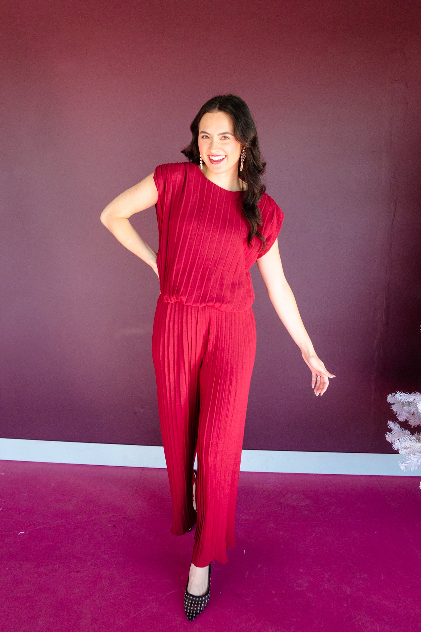 Zuri Pleated Top and Pants Set - Burgundy