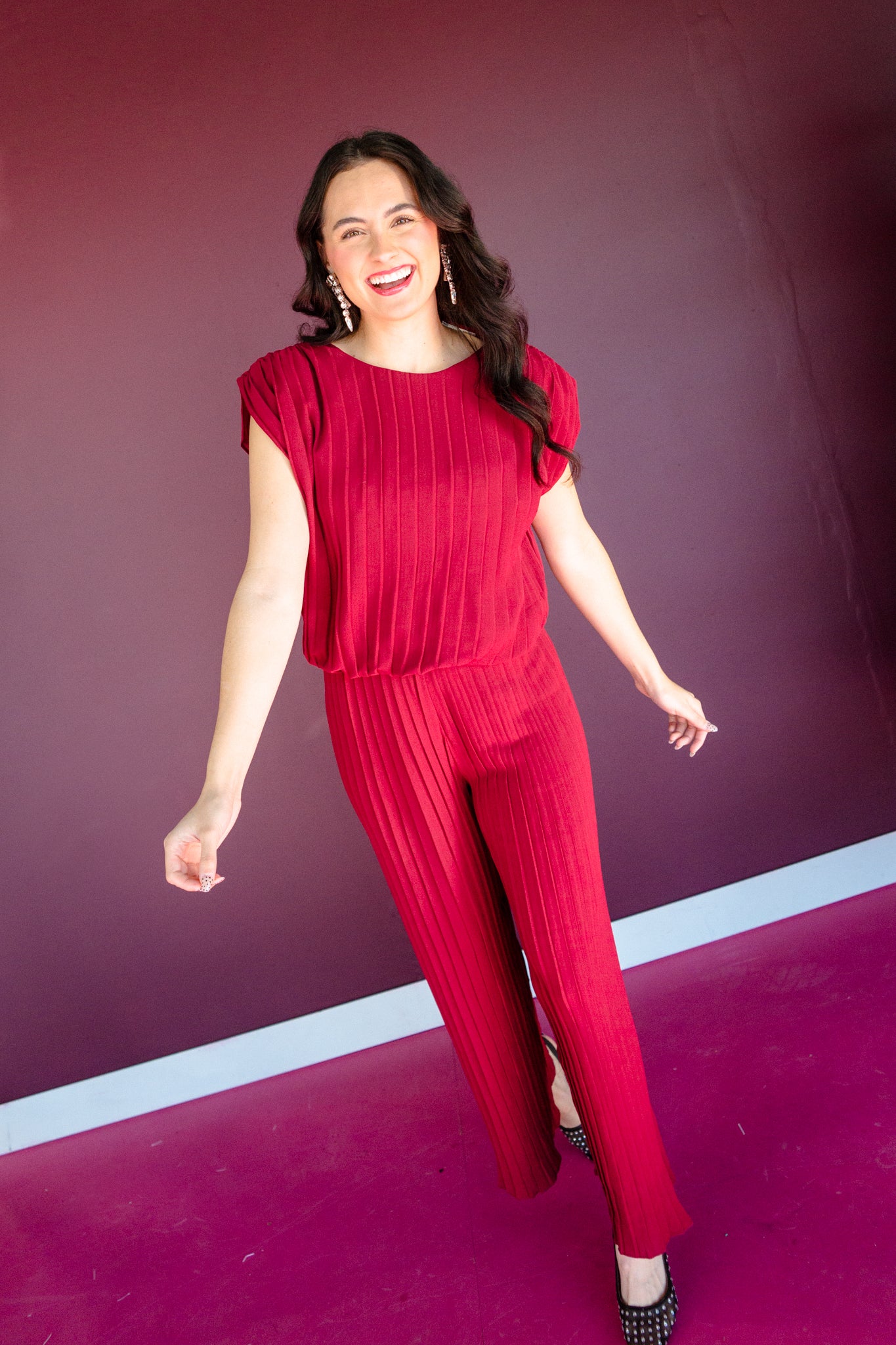 Zuri Pleated Top and Pants Set - Burgundy