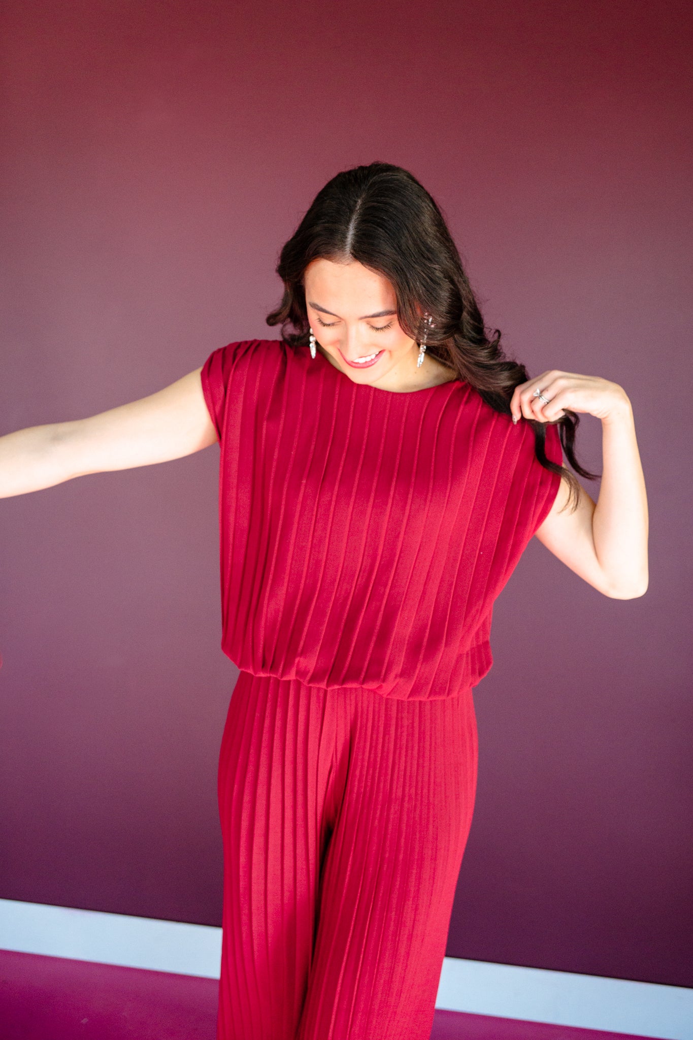 Zuri Pleated Top and Pants Set - Burgundy