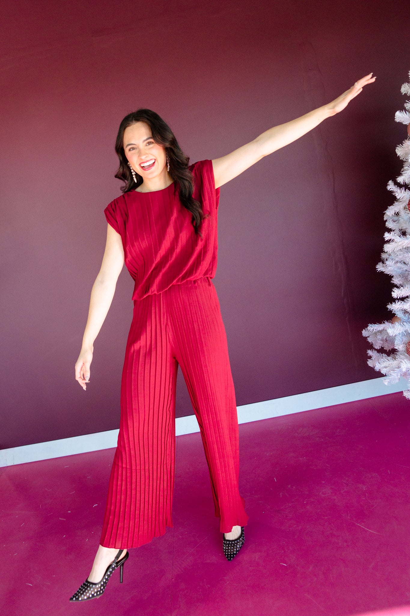 Zuri Pleated Top and Pants Set - Burgundy