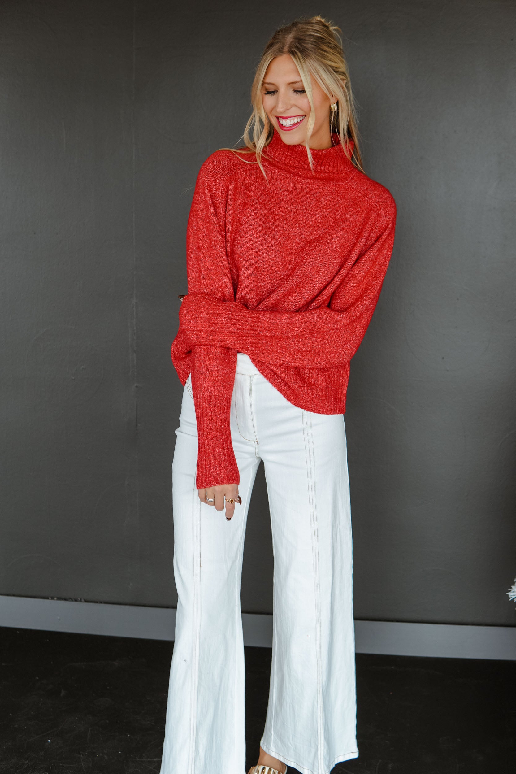 Peppermint Parade Turtleneck Sweater - Muted Warm Red