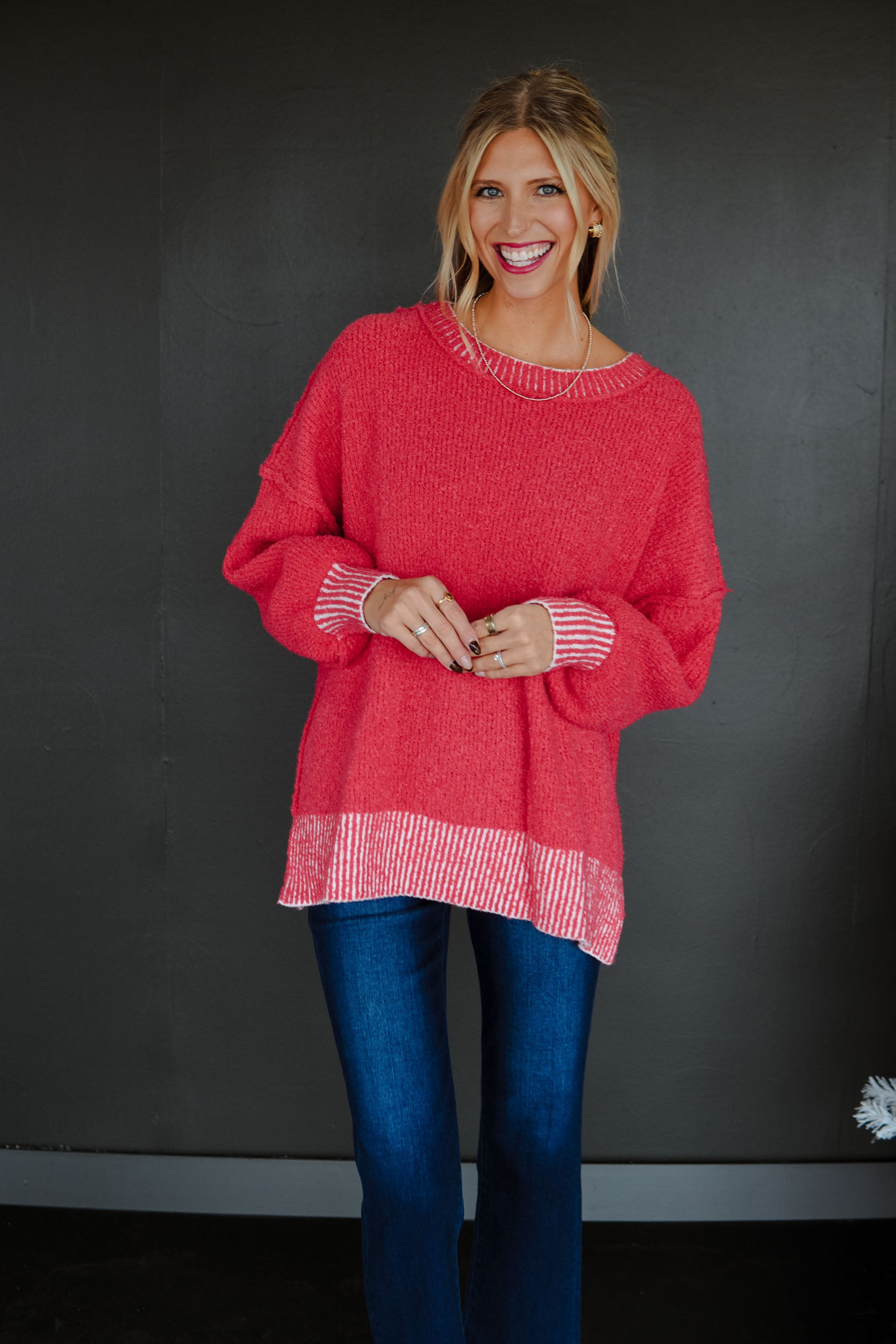 All Is Bright Round Neck Sweater - Coral Red