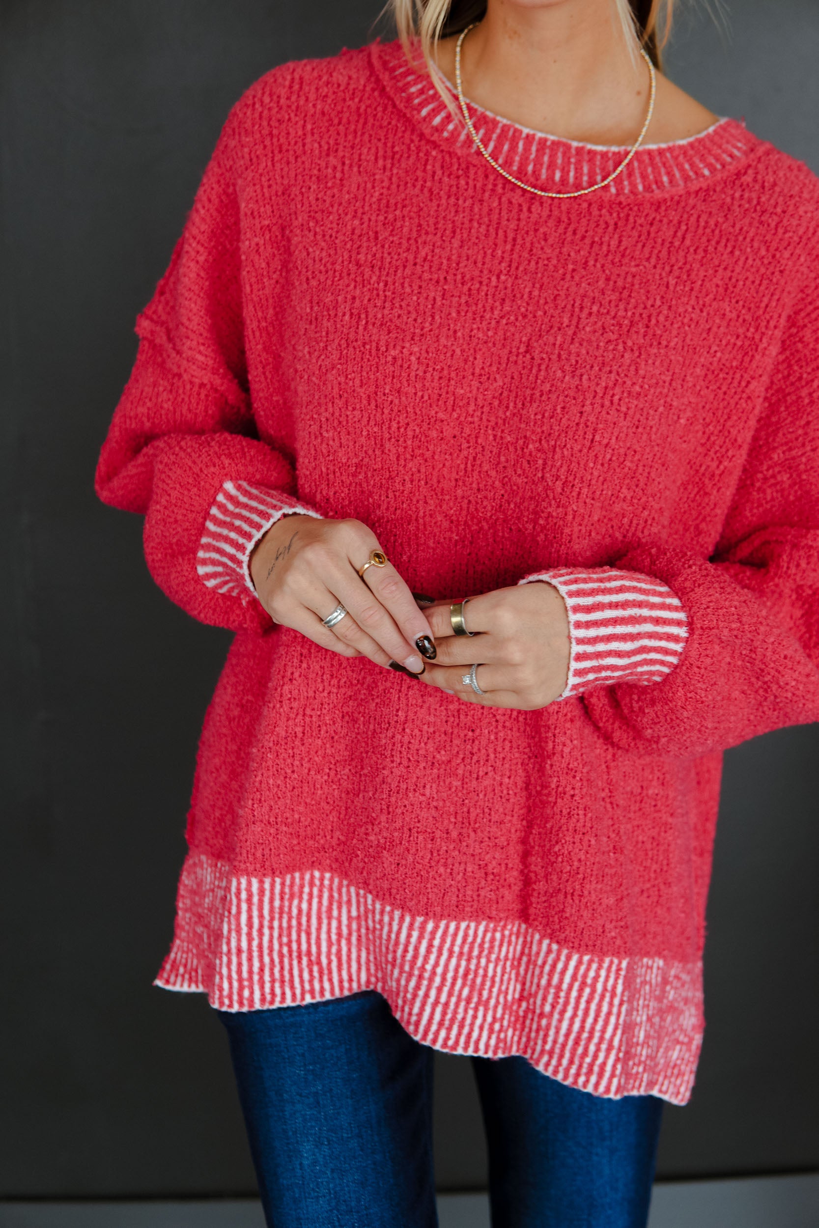 All Is Bright Round Neck Sweater - Coral Red