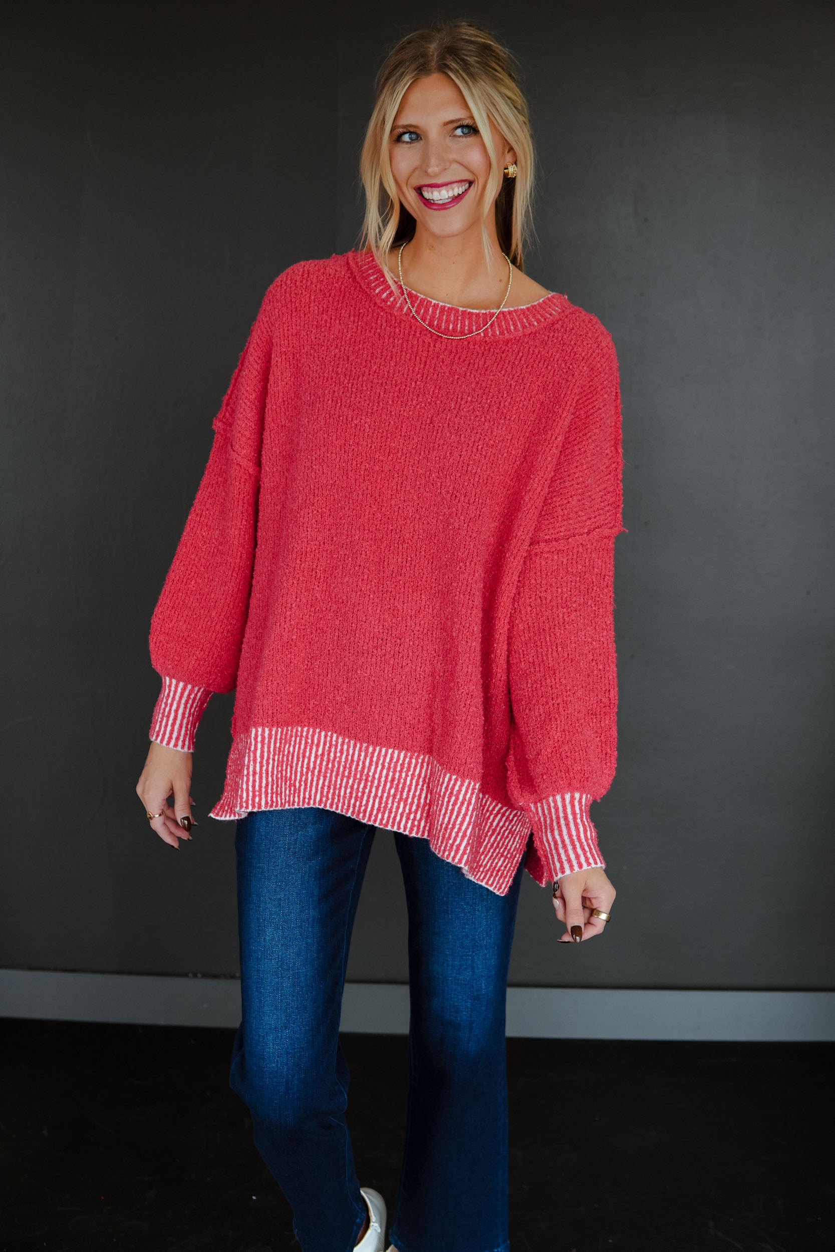 All Is Bright Round Neck Sweater - Coral Red