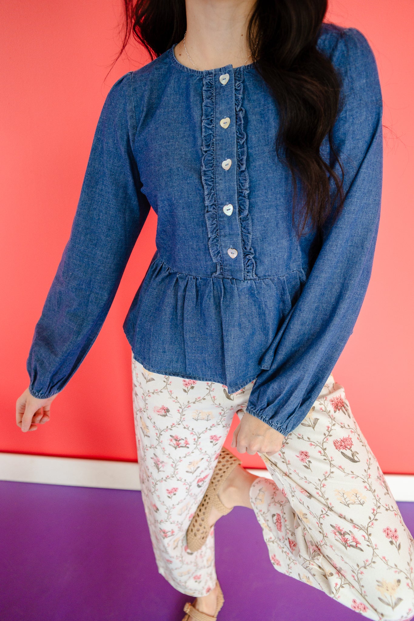 Darcy Denim Babydoll Top - Mid Wash