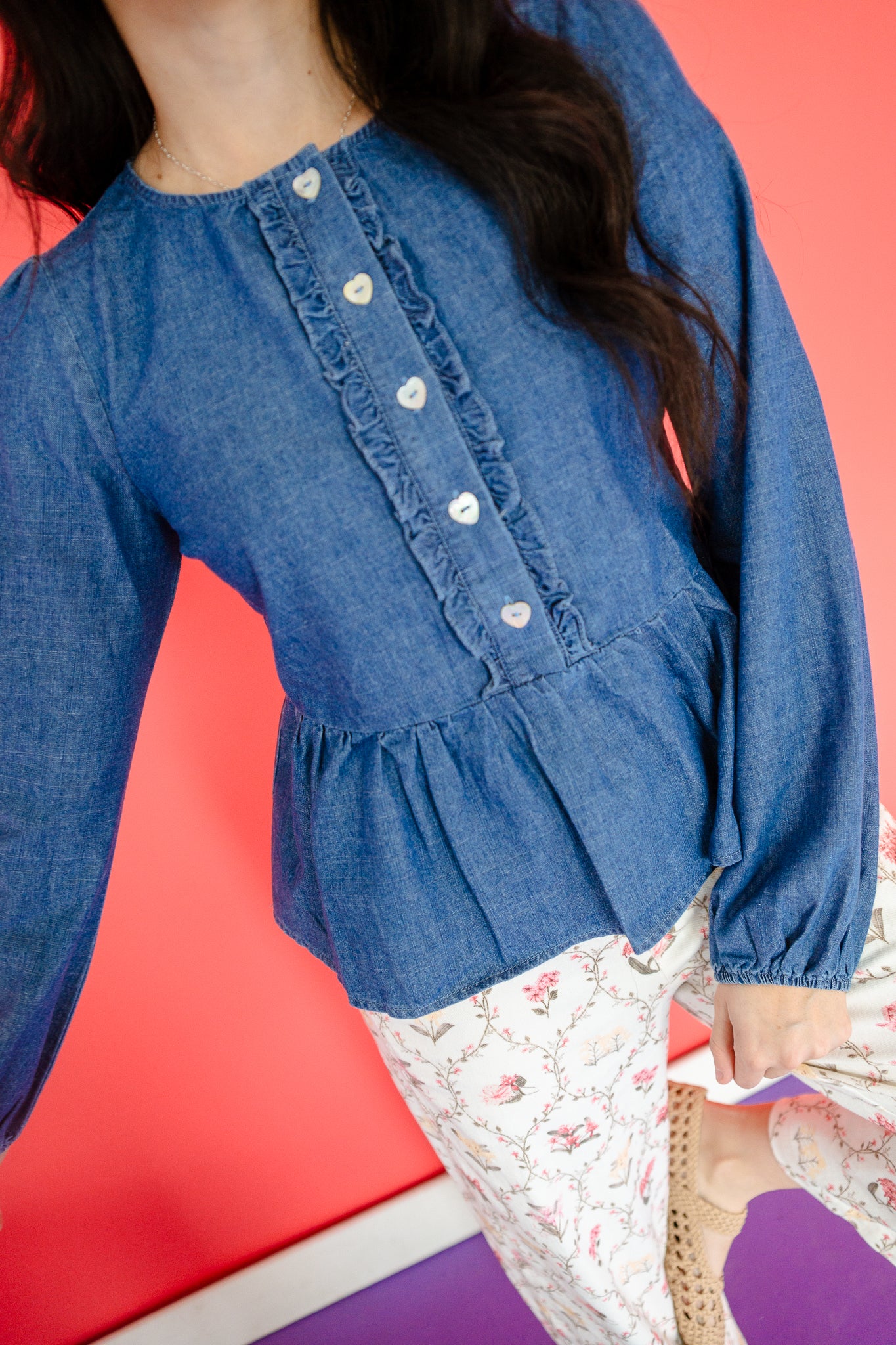 Darcy Denim Babydoll Top - Mid Wash