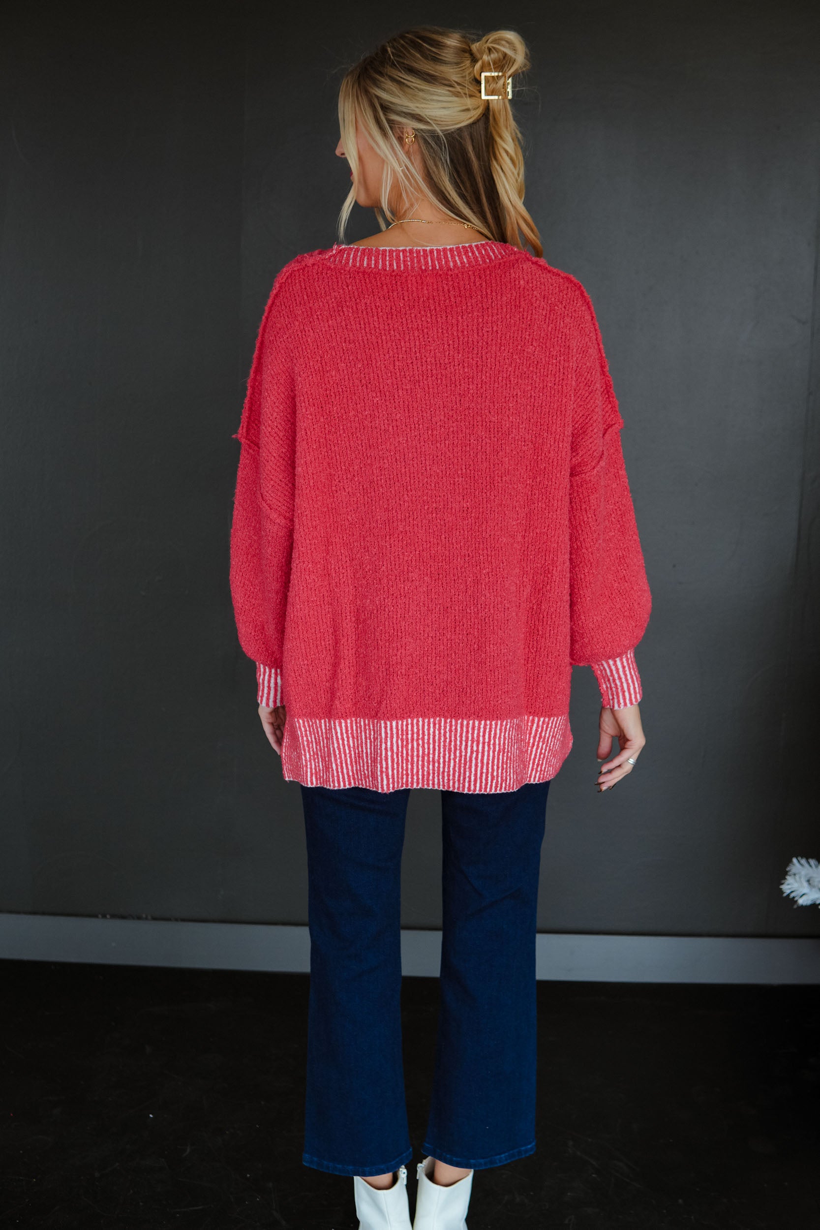 All Is Bright Round Neck Sweater - Coral Red