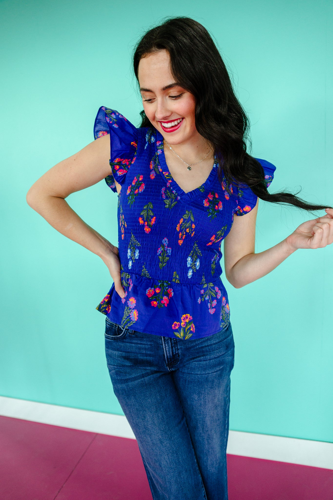 Astoria Smocked Ruffle Top - Royal Blue