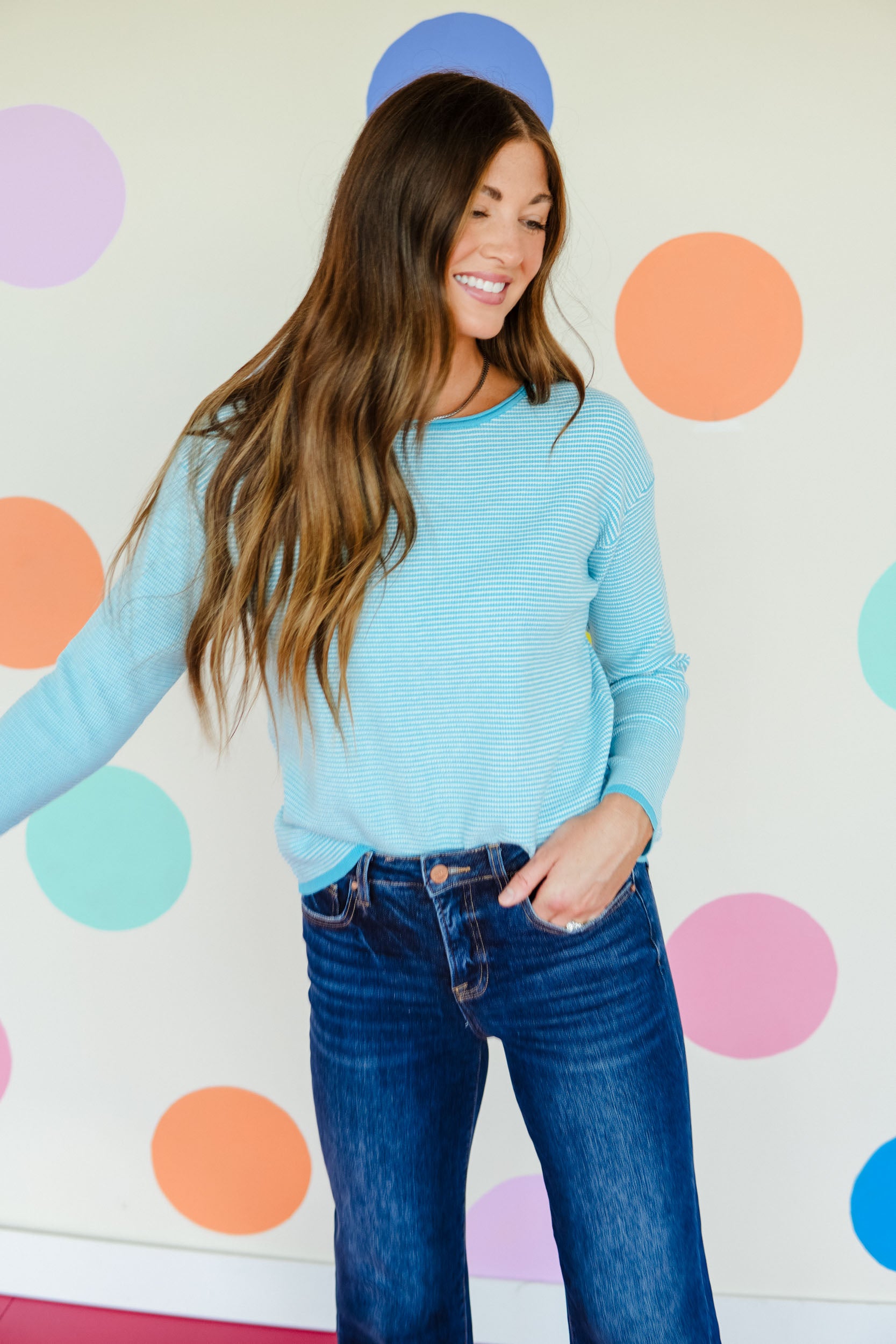 For Keeps Wide Neck Crew Sweater - Light Aqua + Soft White