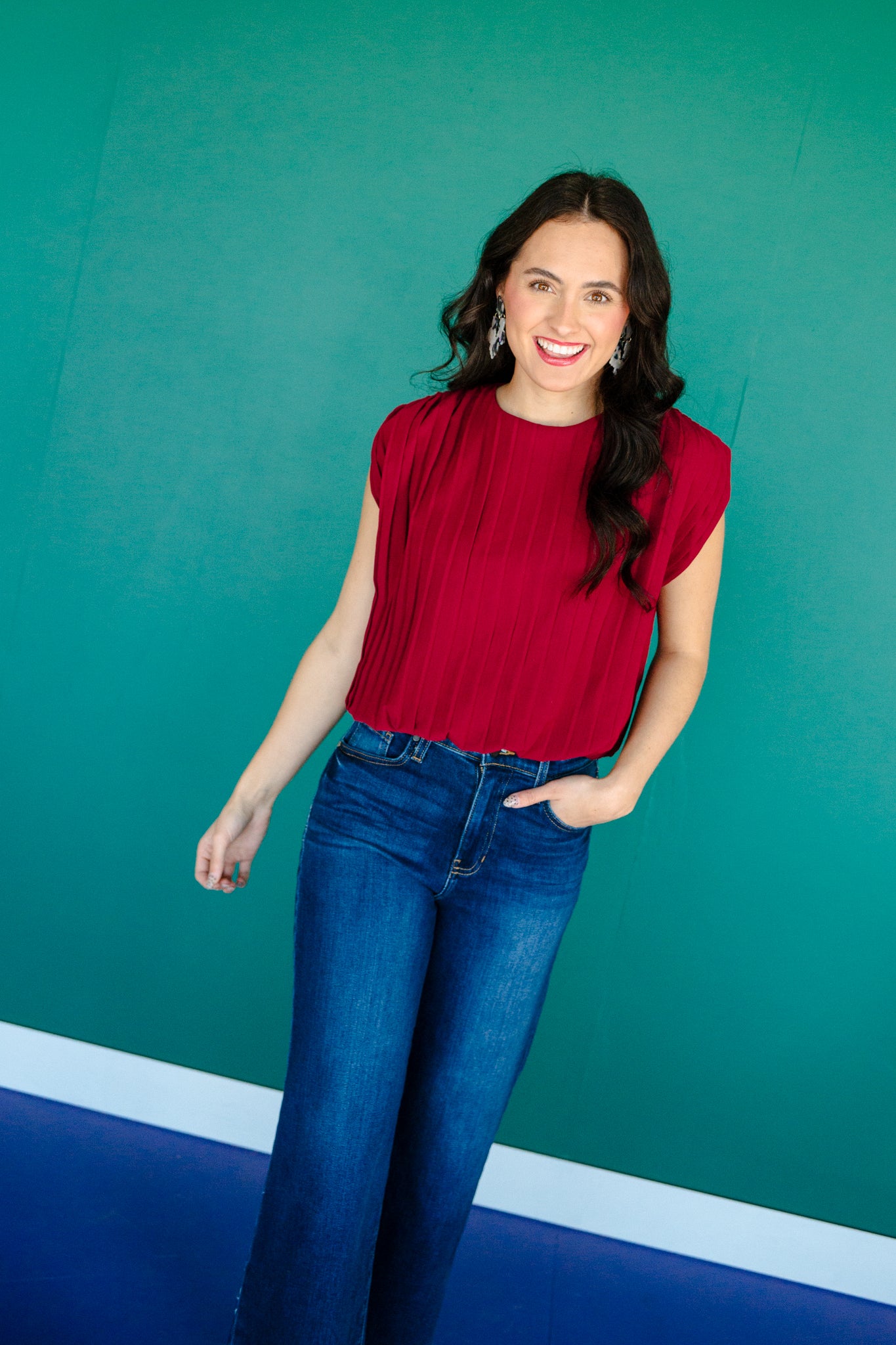 Zuri Pleated Top and Pants Set - Burgundy