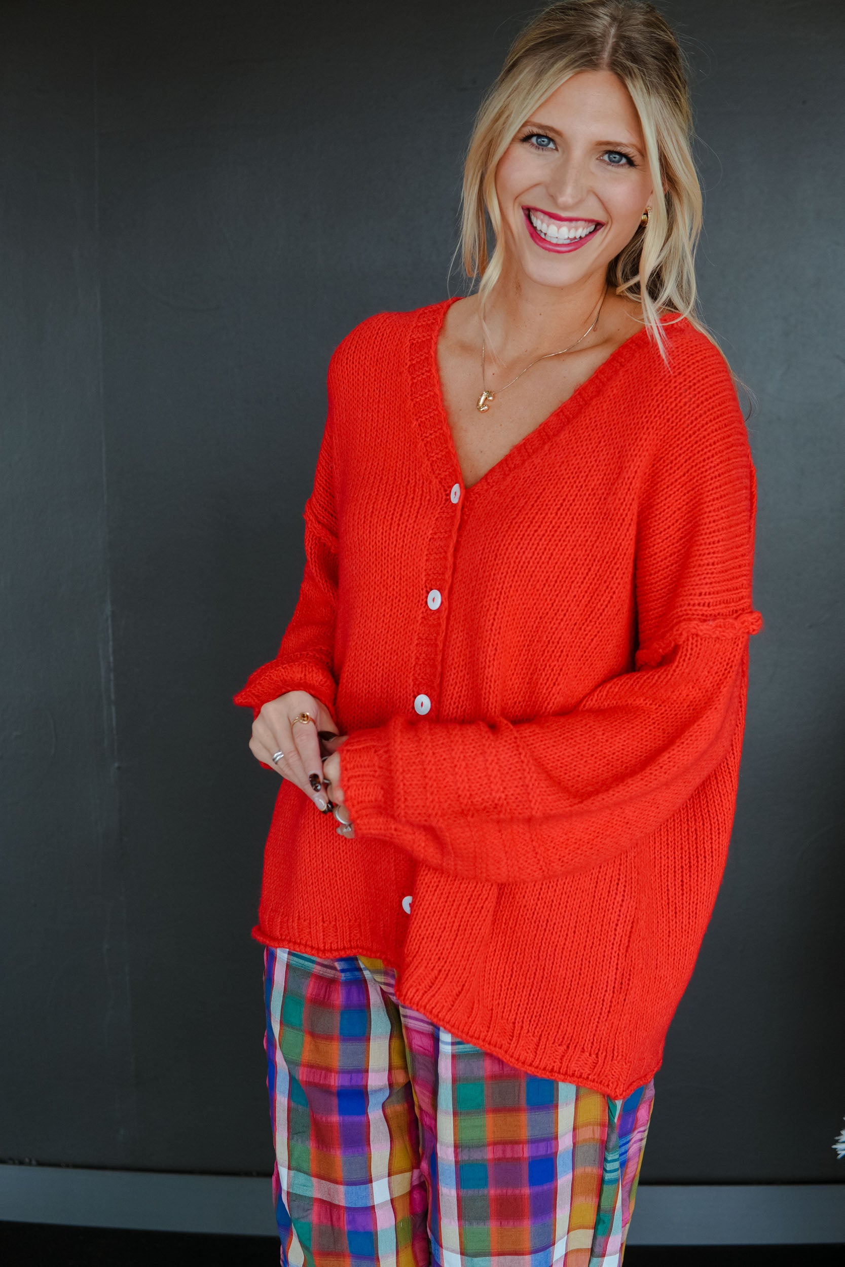 Happier Button Cardigan - Warm Red