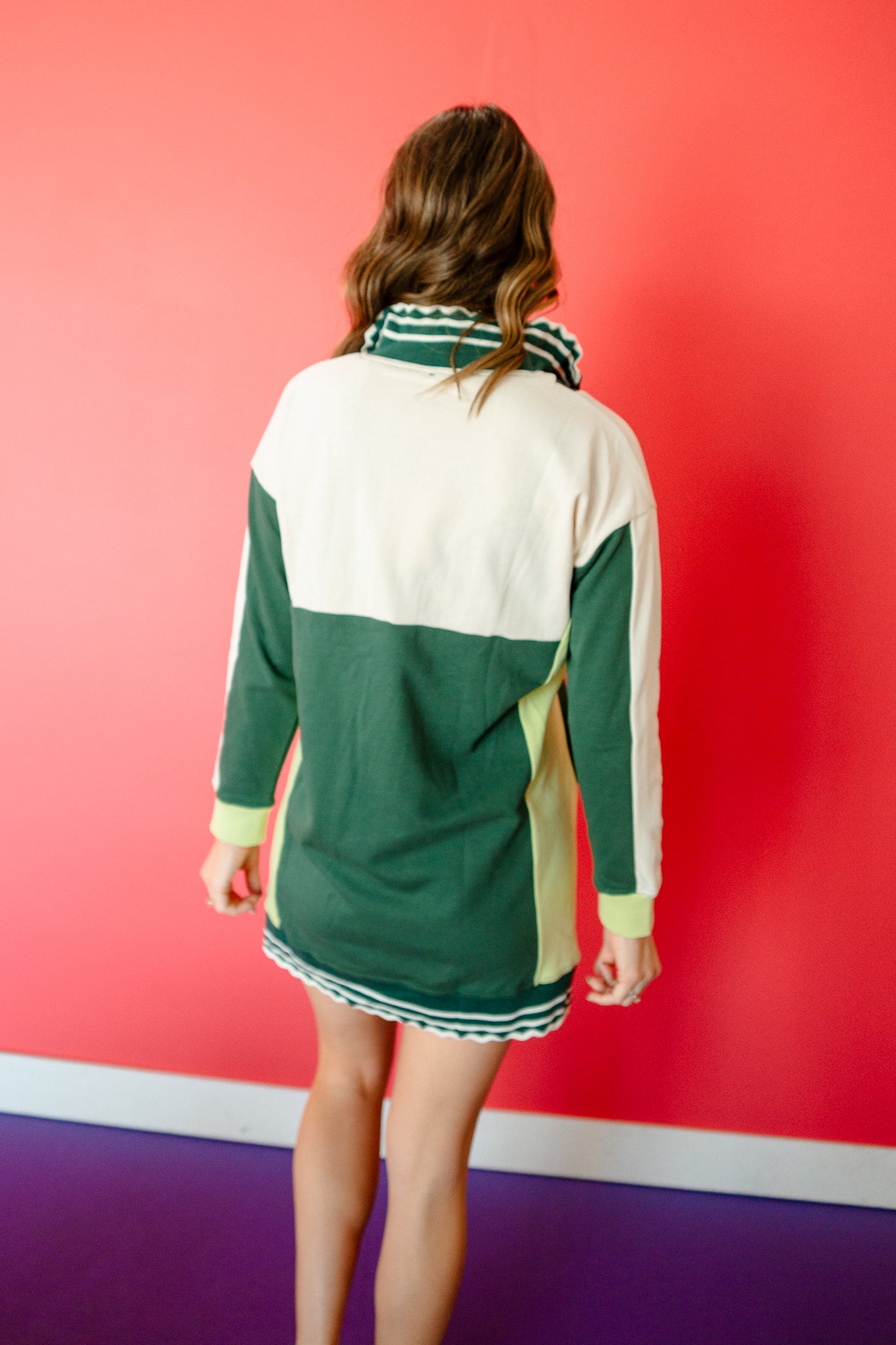 Brynn Quarter Zip Mini Dress - Forest + Lime + Cream