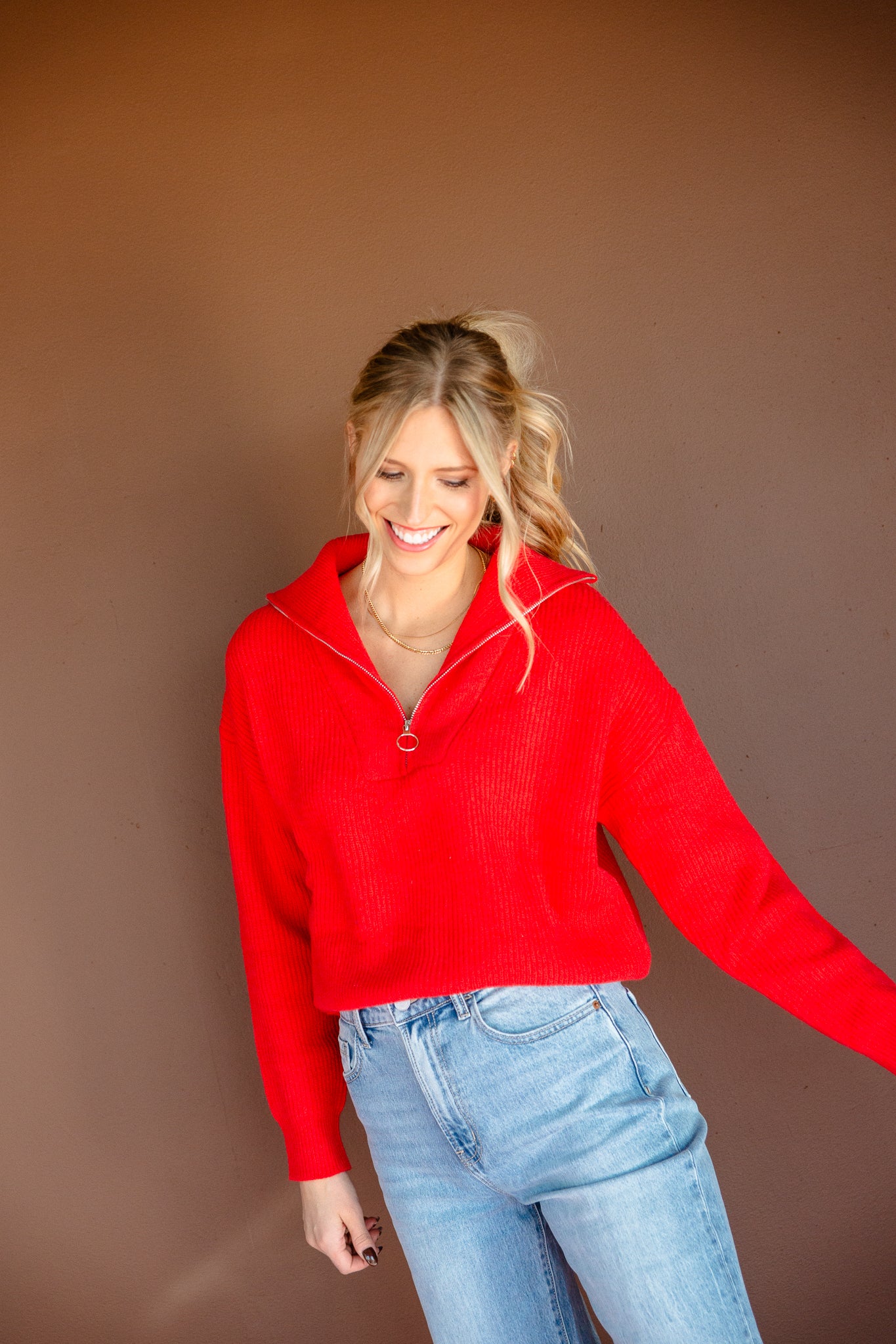 Tracey Collared Half Zip-Up Sweater - True Red