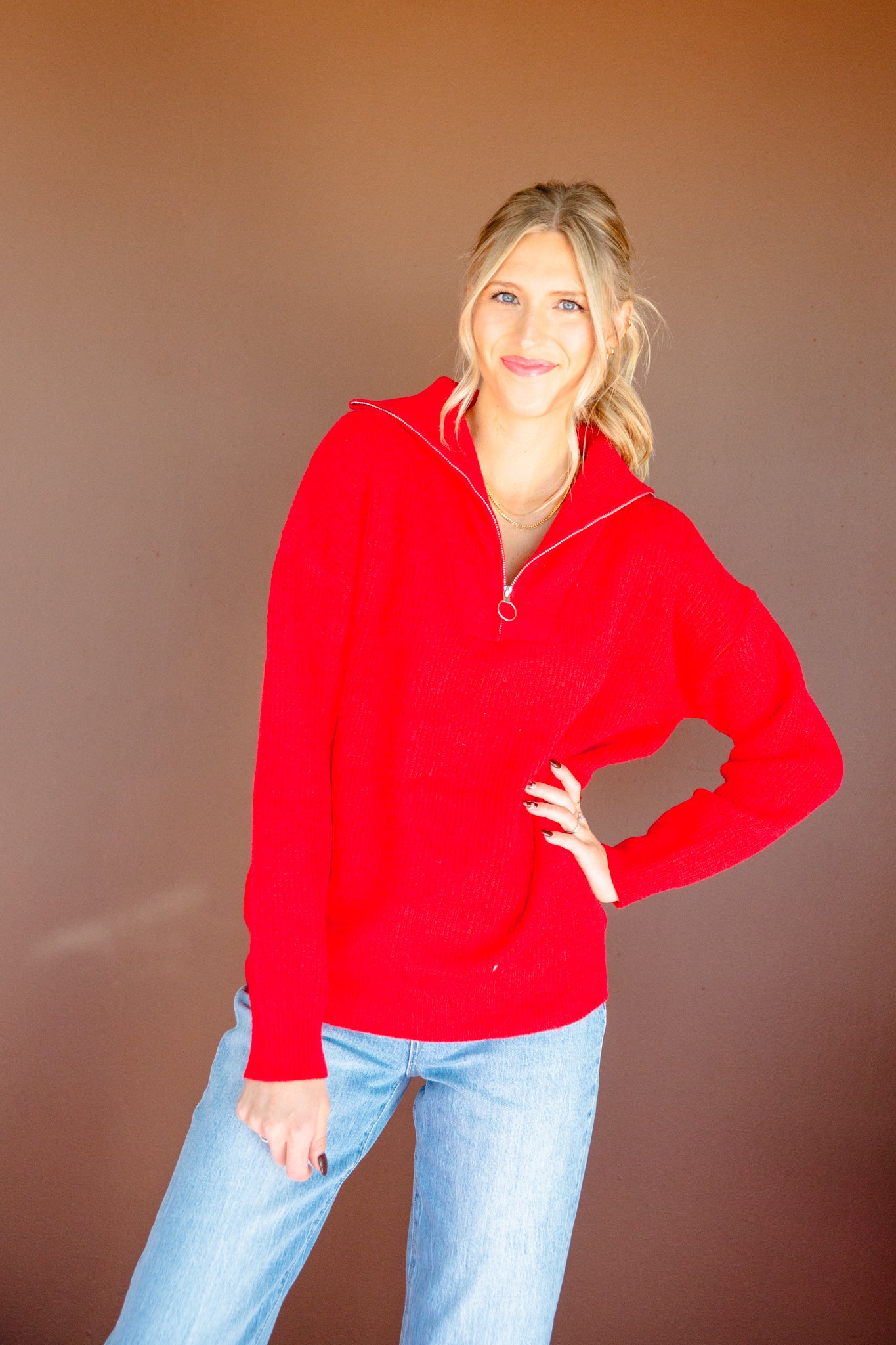 Tracey Collared Half Zip-Up Sweater - True Red