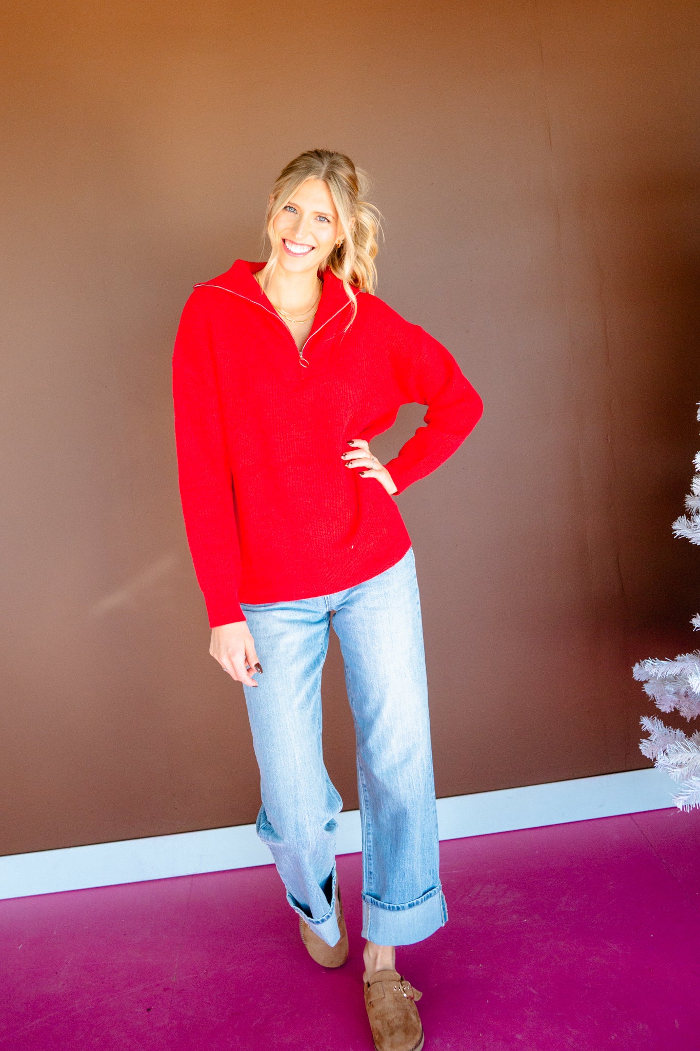Tracey Collared Half Zip-Up Sweater - True Red