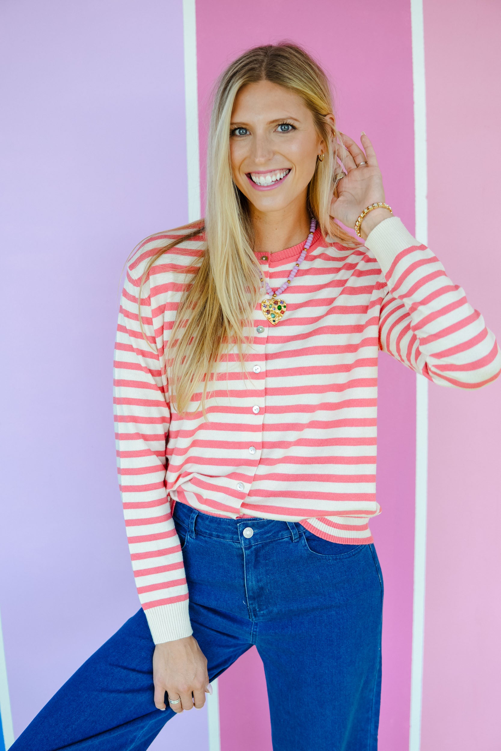 Crisp Air Striped Cardigan - Cream + Vibrant Coral
