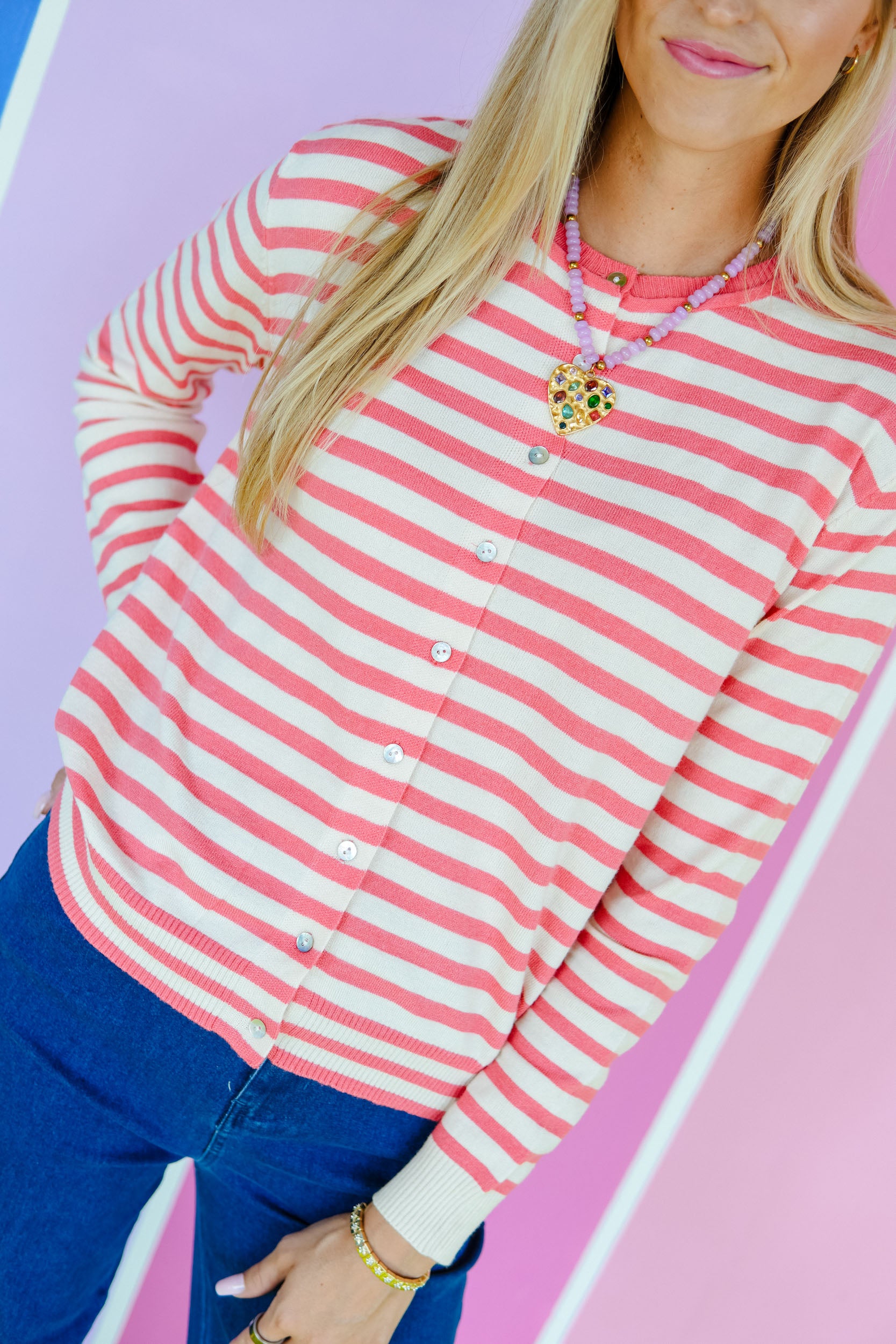 Crisp Air Striped Cardigan - Cream + Vibrant Coral