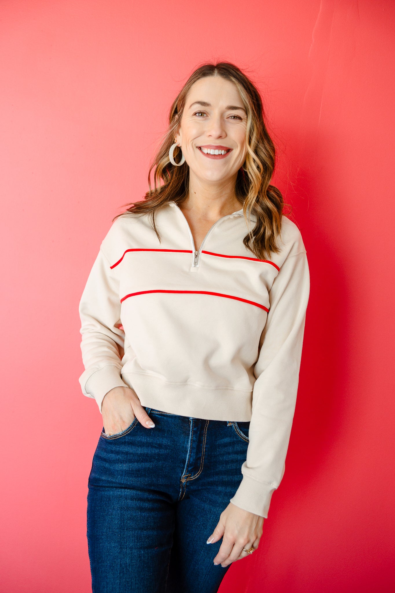 Palmer Stripe Half Zip Sweatshirt - Beige + True Red