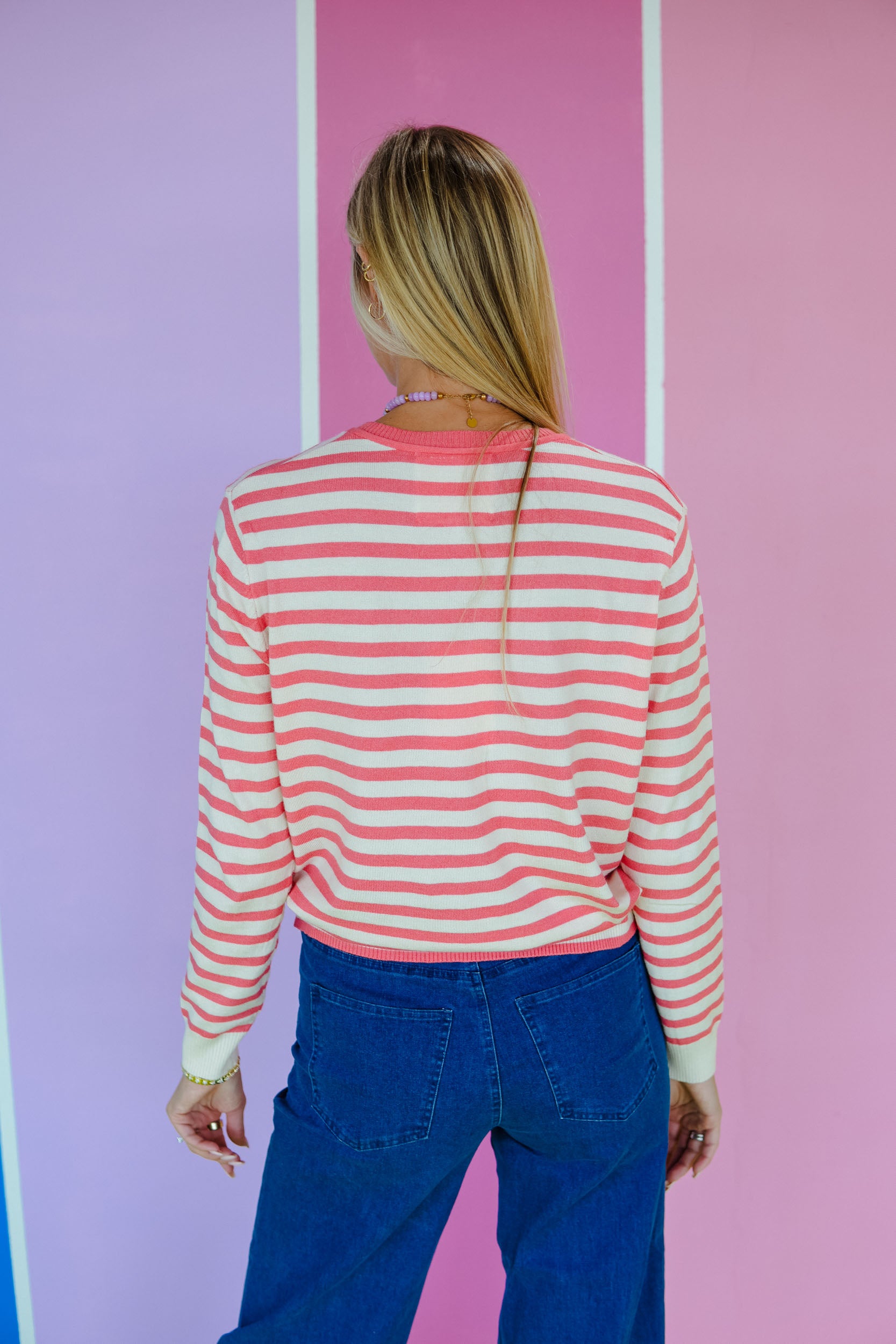 Crisp Air Striped Cardigan - Cream + Vibrant Coral