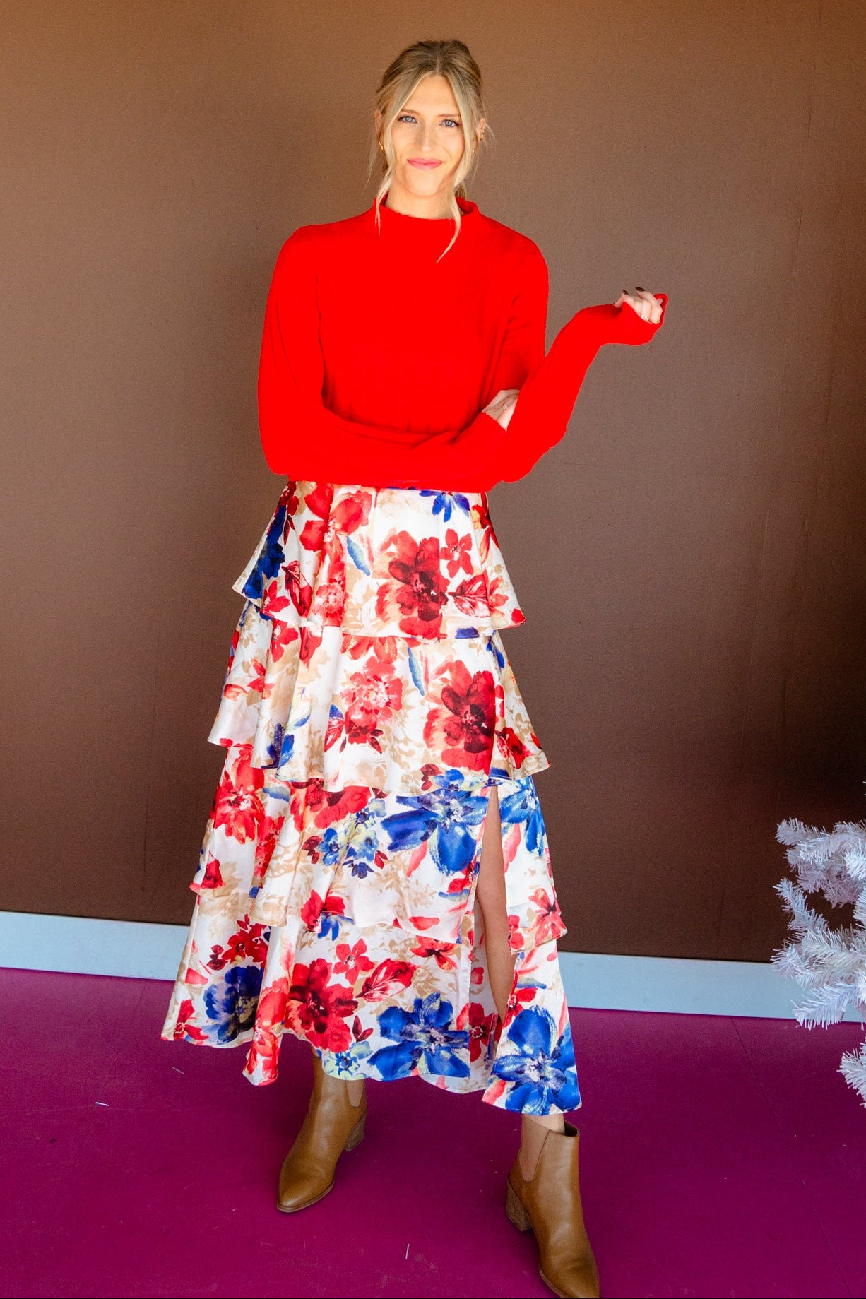 Tosha Tiered Maxi Skirt - Champagne + Warm Red