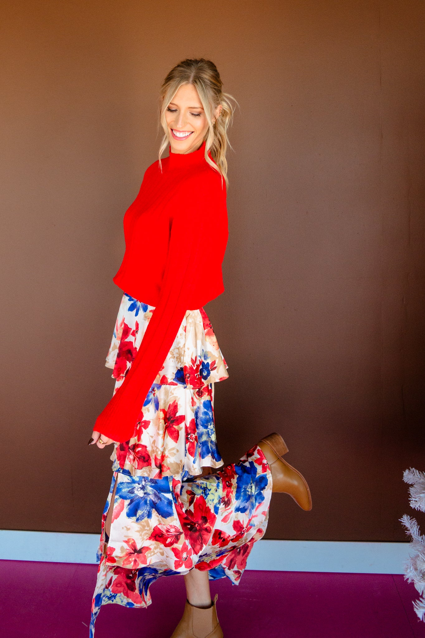 Tosha Tiered Maxi Skirt - Champagne + Warm Red