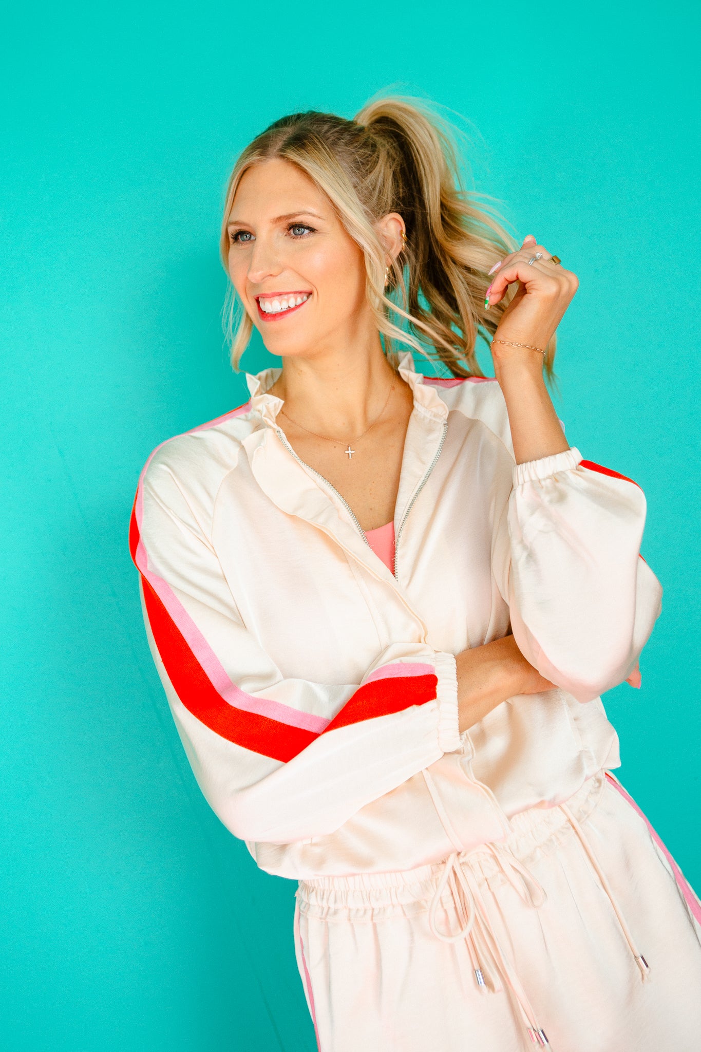 [THML] Tana Ruffle Track Jacket - Cream + Shocking Pink