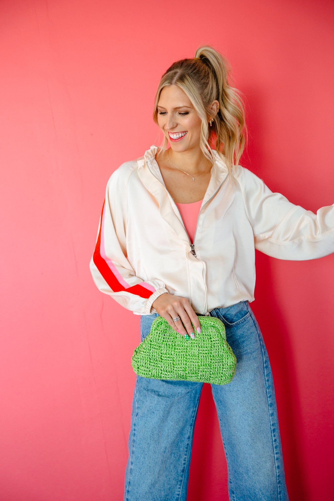 [THML] Tana Ruffle Track Jacket - Cream + Shocking Pink