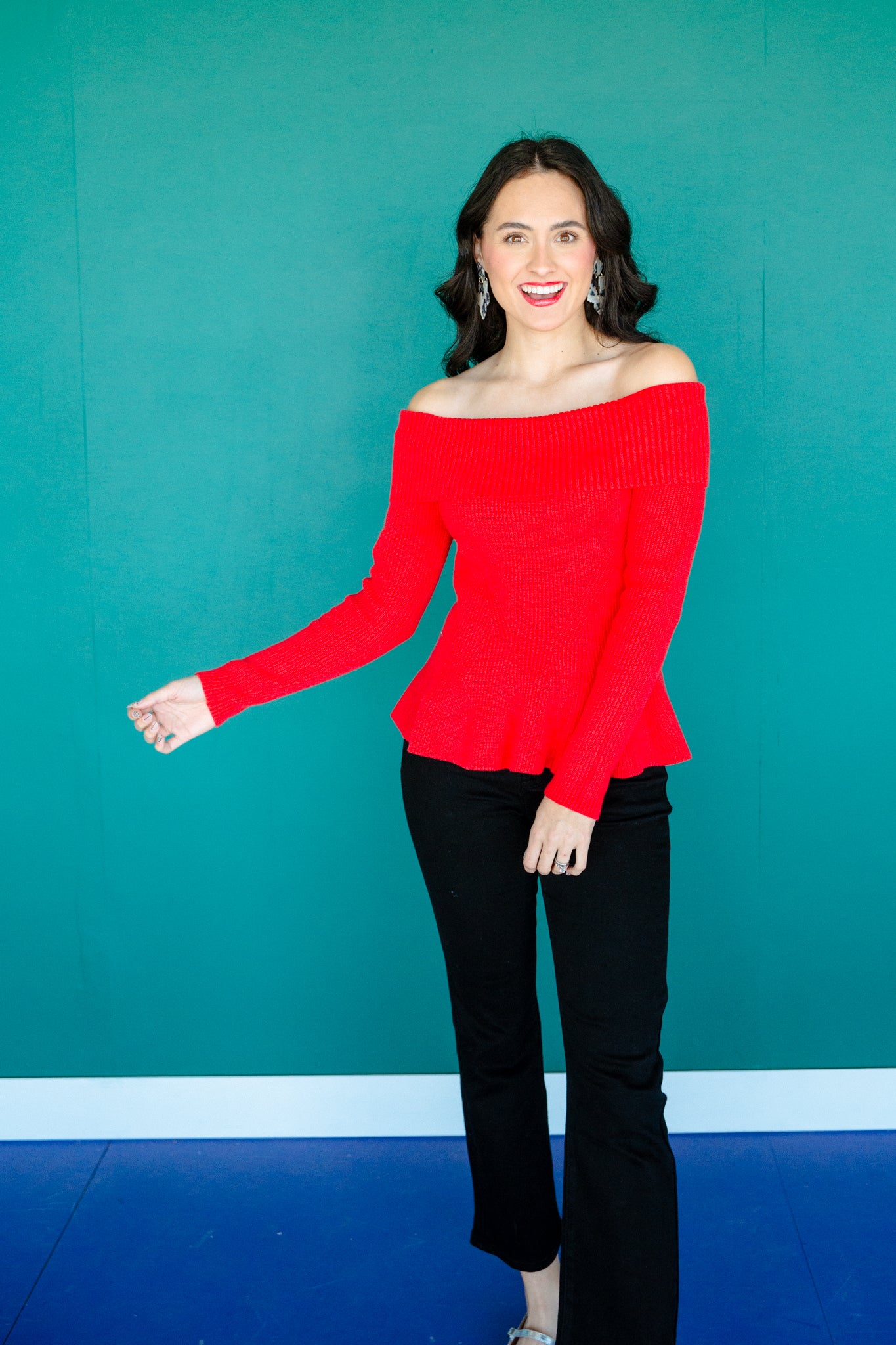 Nikki Off-Shoulder Peplum Sweater - True Red
