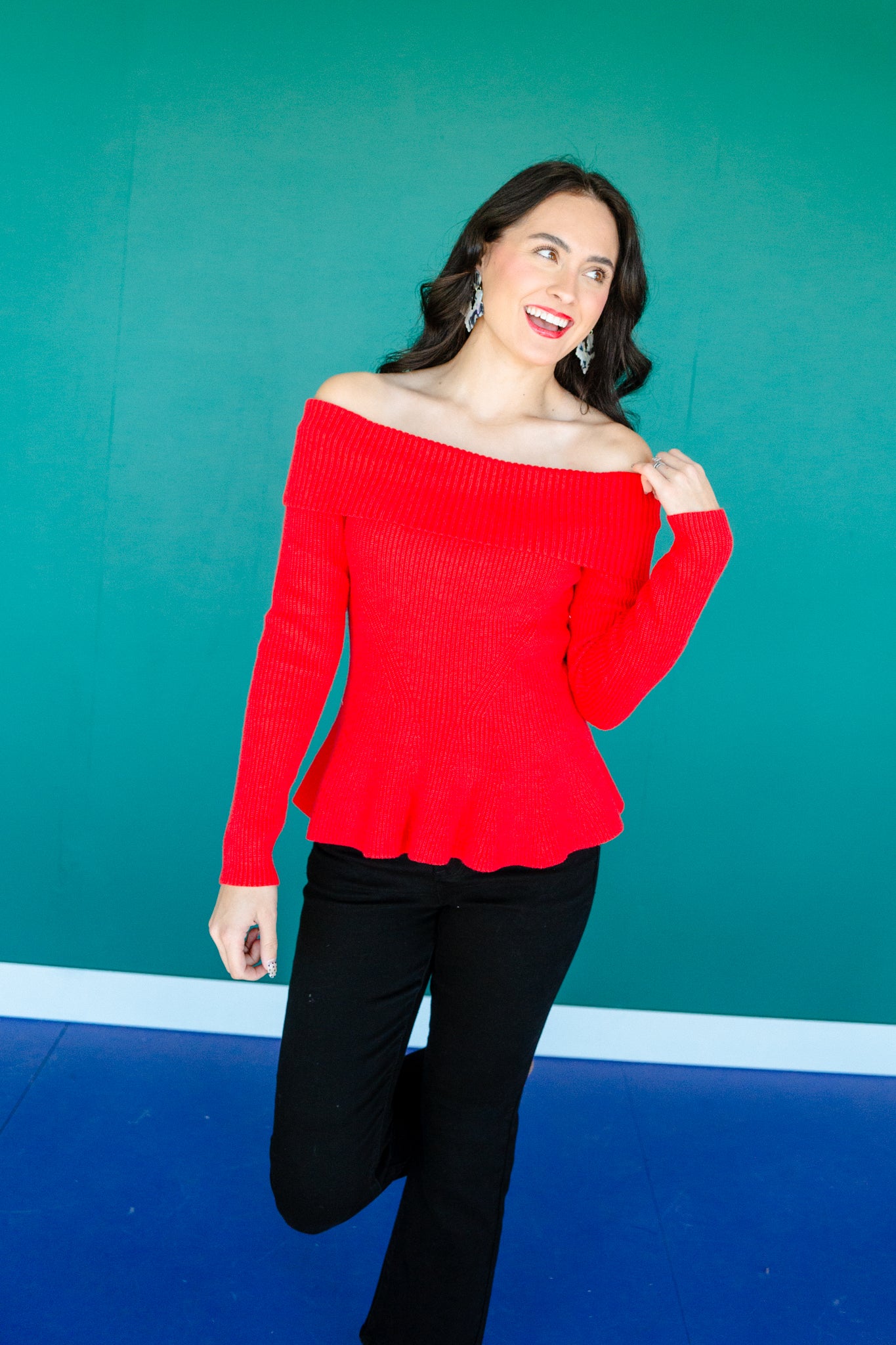 Nikki Off-Shoulder Peplum Sweater - True Red