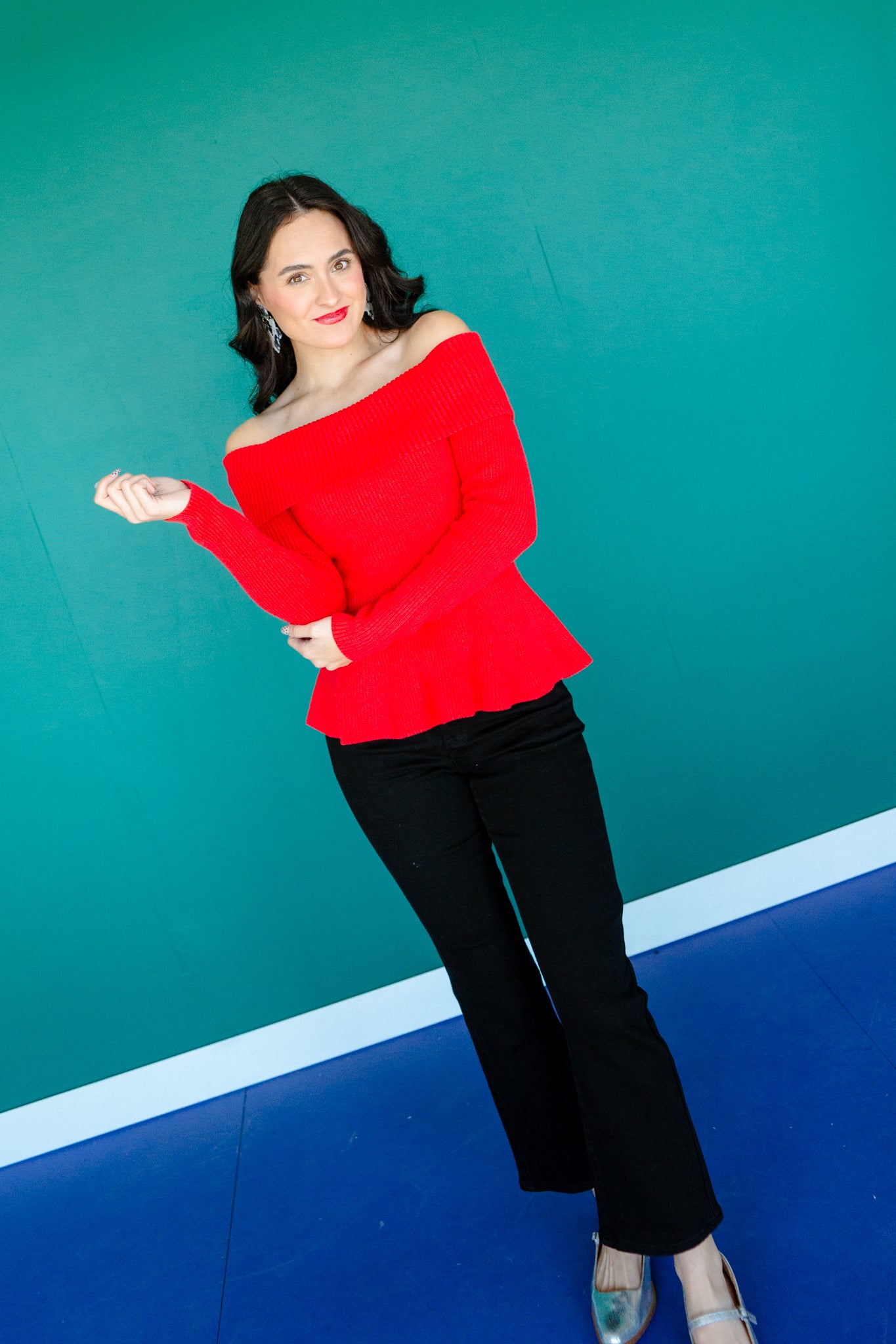 Nikki Off-Shoulder Peplum Sweater - True Red