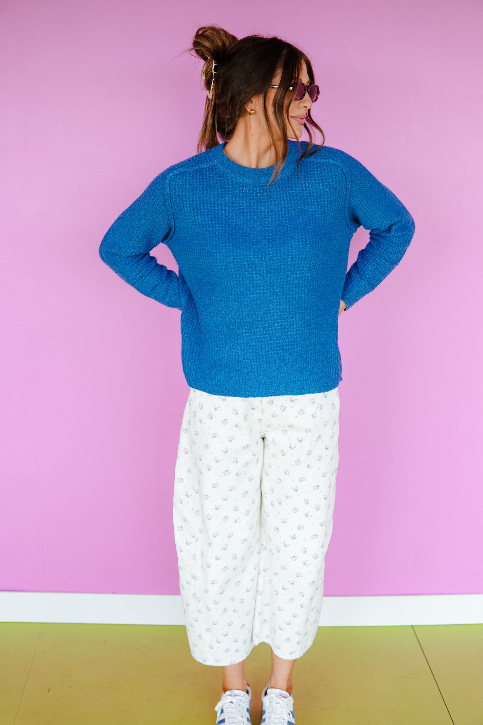 Margot Waffle Raglan Sweater - Summer Blue